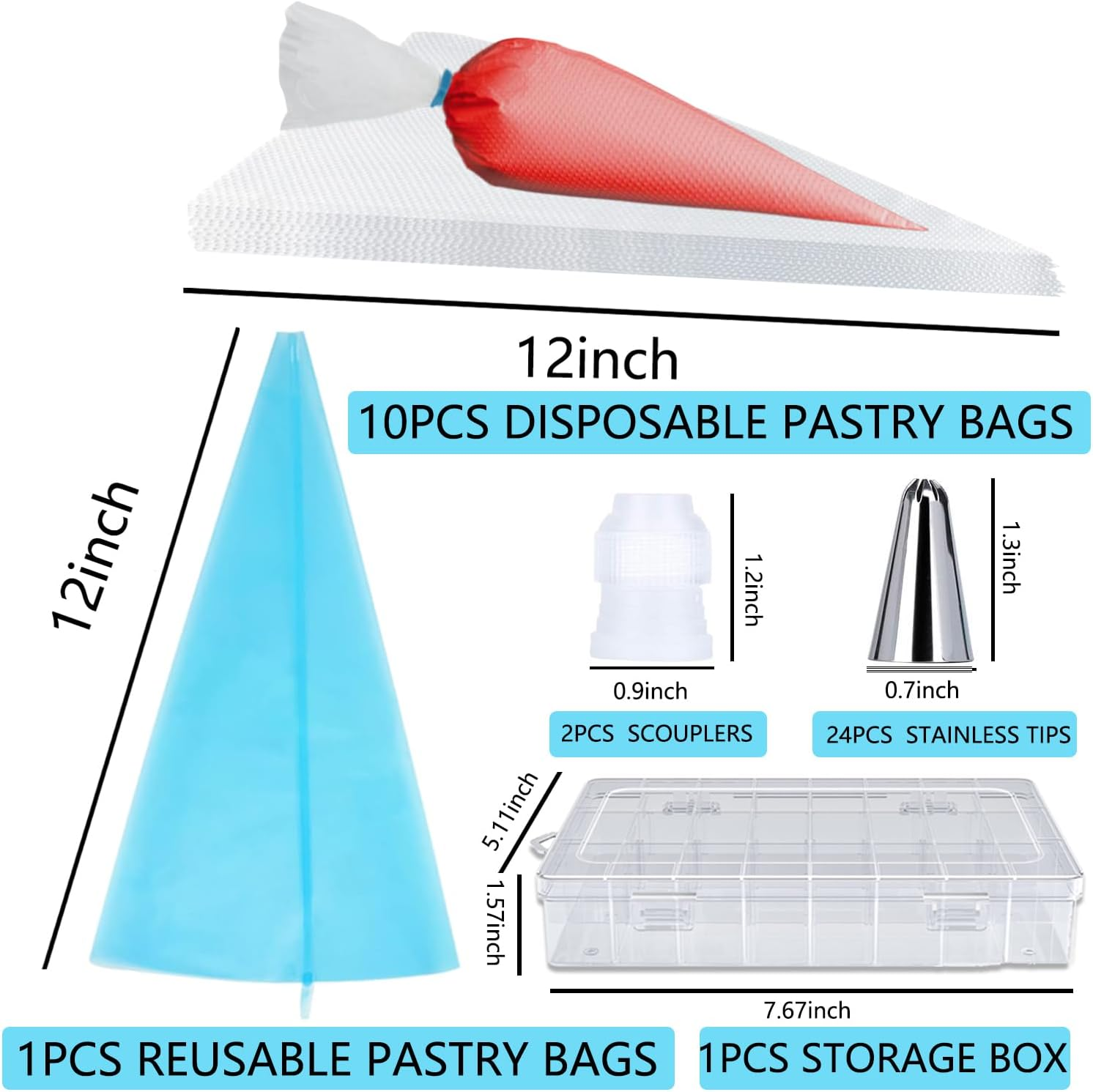 GZMAISULEE 40PCS Piping Bags and Nozzles Set, 12 Inch Pastry Bags, Cakes Decorating Kit, Silver, Stainless Steel, Silicone, Plastic, Petal, Star, Leaf, Round, Flower, Basketweave, Cake Decorating Kit image number 3