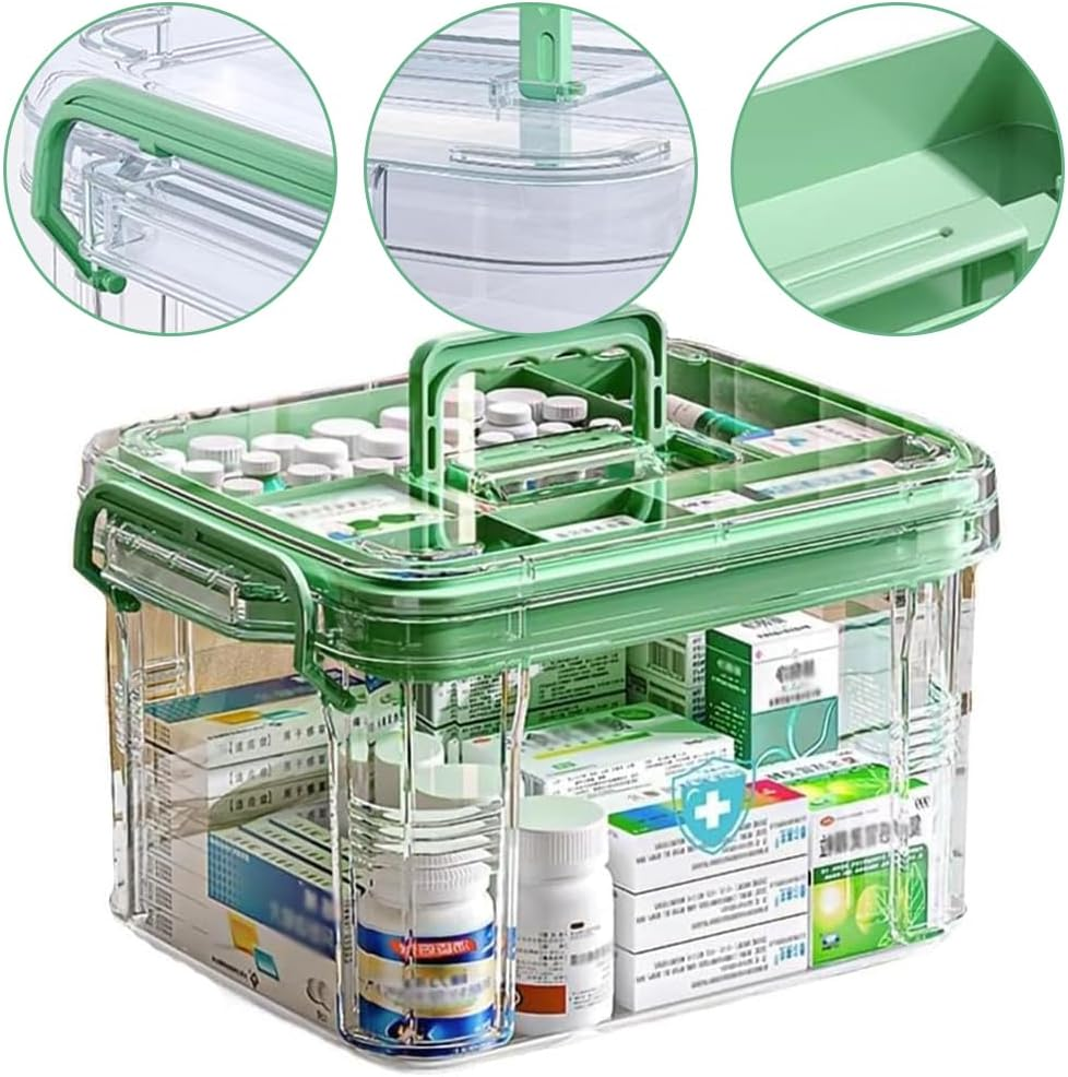 Medication Organizer,Medicine Storage Organizer,Large Capacity Box,Storage Box,With Handles and Multi-Layer,For Home,Sundries, Household Storage Organizer(Green) image number 5