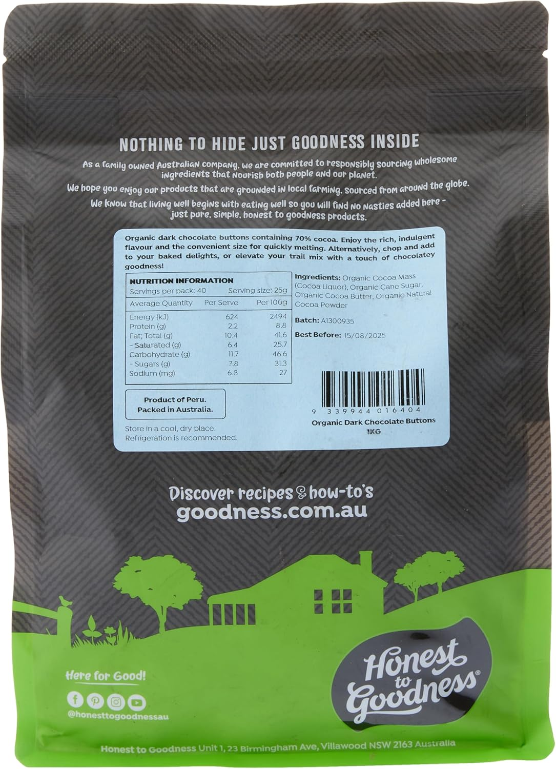 Honest to Goodness, Organic Dark Chocolate Buttons, 1KG - Enjoy the Rich Smooth Flavour and Aroma of 70% Organic Cacao. Ideal for Quick Melting. Dairy-Free, Vegan. image number 1