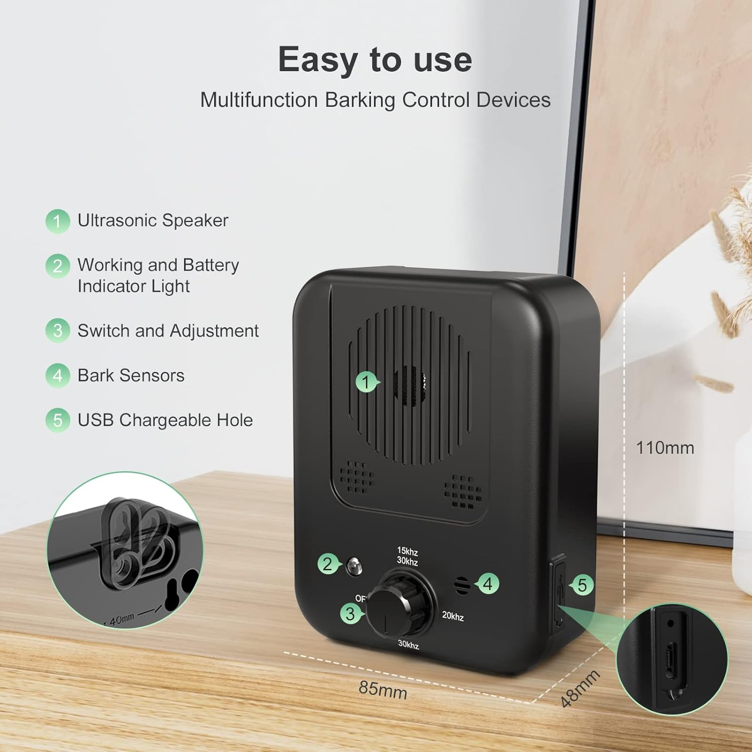 Stop Dog Barking Device, Automatic anti Barking Devices for Dogs 33 FT, Ultrasonic Rechargeable Waterproof Dog Barking Control Deterrent Stopper Dog Training Tool Indoor/Outdoor Safe for Most Dogs image number 4