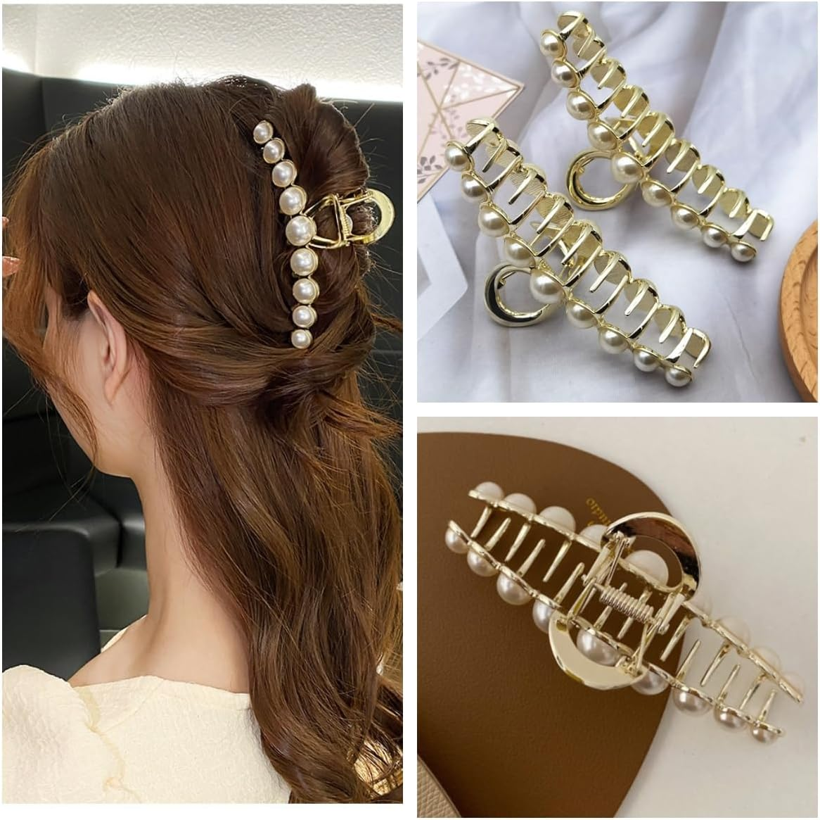 Rhinestone Hair Claw Clips, 4.4 Inch Vintage Metal Imitation Pearl Hair Jaw Clip for Women, Large Non Slip Hair Clamp Fashion Wedding Party Hair Accessories Elegant Hair Decorations for Hair Styling - Brown,Green,Grey image number 7