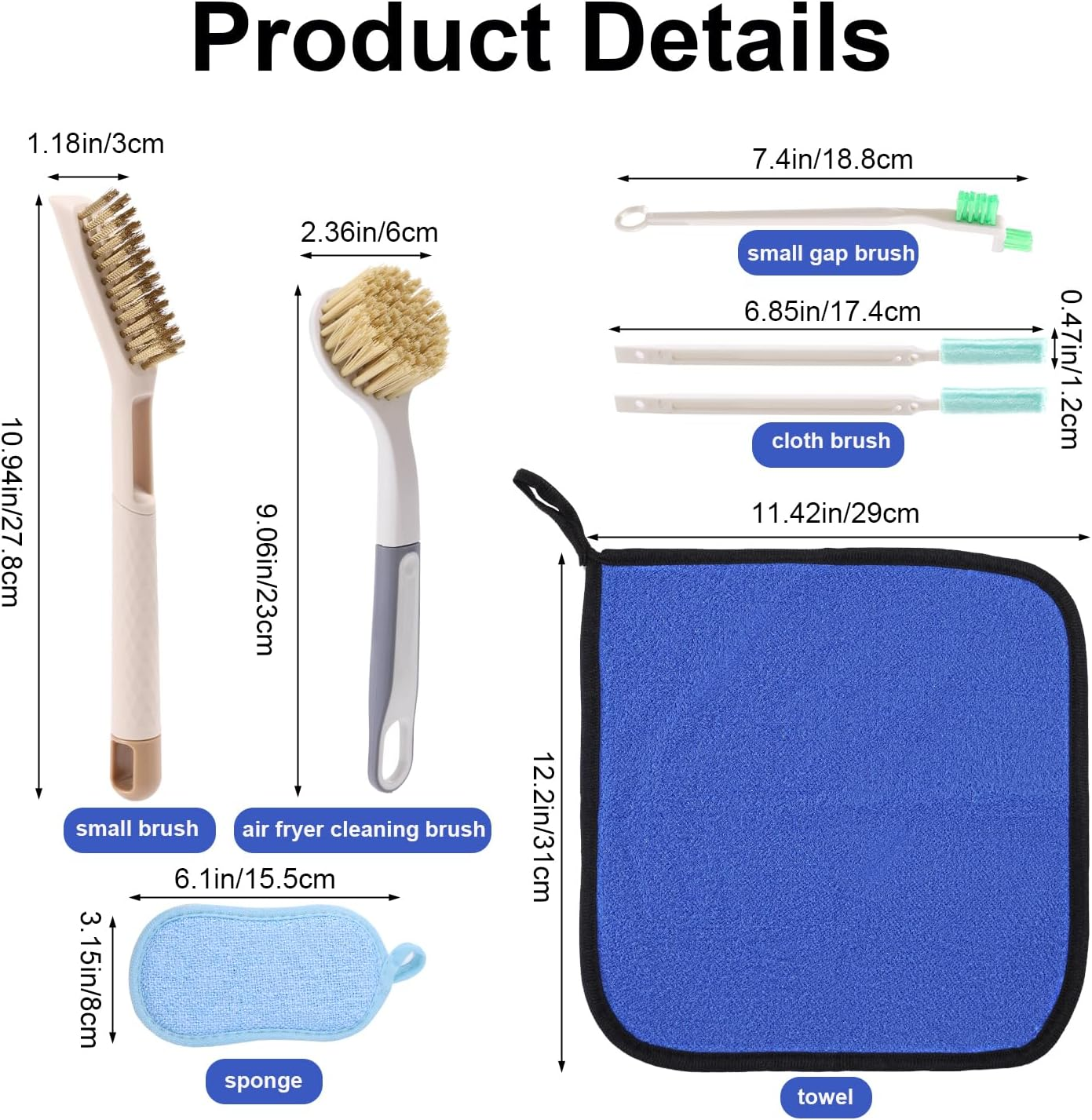7Pcs Air Fryer Cleaning Kit, Air Fryer Cleaning Brush with 3 Style Brushes Sponge Towel Kitchen Clean Accessories for Stubborn Grease & Food Residue Removal image number 6
