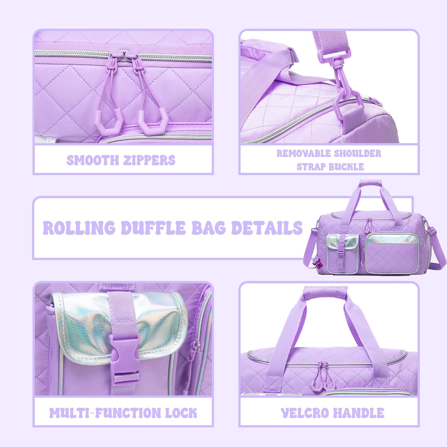 Rolling Duffle Bag with Wheels Women Travel Bag with Wheels Weekender Bags for Women with Toiletry Bag, Purple - Off White image number 4