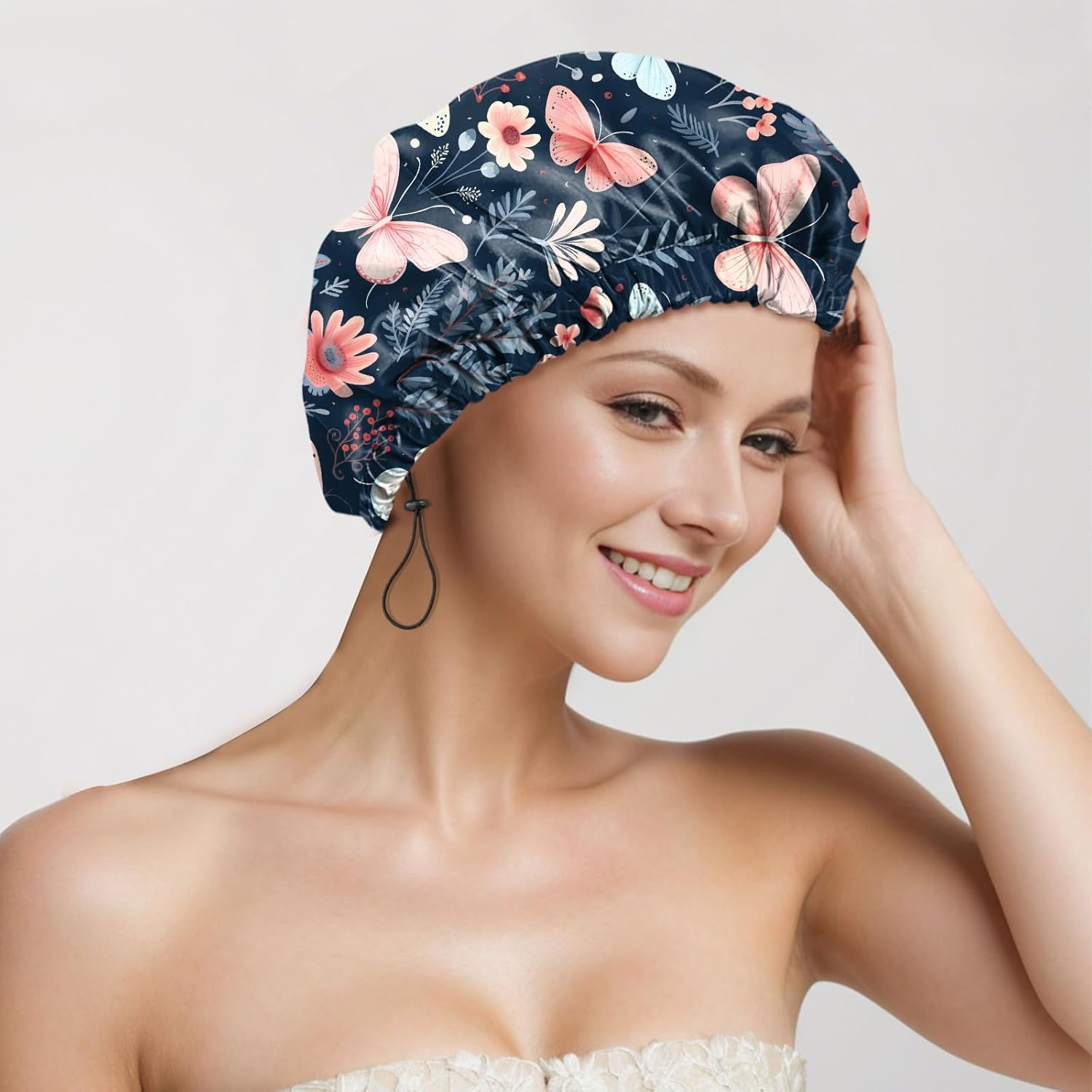 Deokke 2 PCS Shower Cap Reusable Large Waterproof Adjustable Double Layer Elastic Dry Hair Bathing Caps Aesthetic Cute for Women Girls-Butterfly Flower image number 6