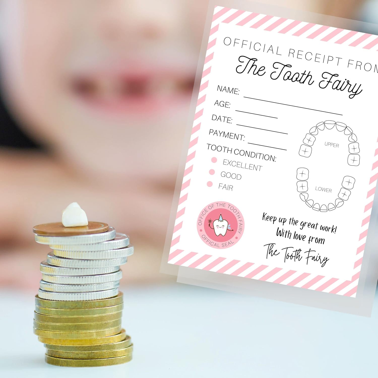 Tooth Fairy Receipt Cards with Pink Stripes | 40 Pack | 4.25X5.5" Inch Large Postcard Size Tooth Fairy Receipt for Lost Tooth Certificate for Kids to Add to Gold Coins under Pillow | White Card with Tooth Fairy Design Chart and Pink Stripes