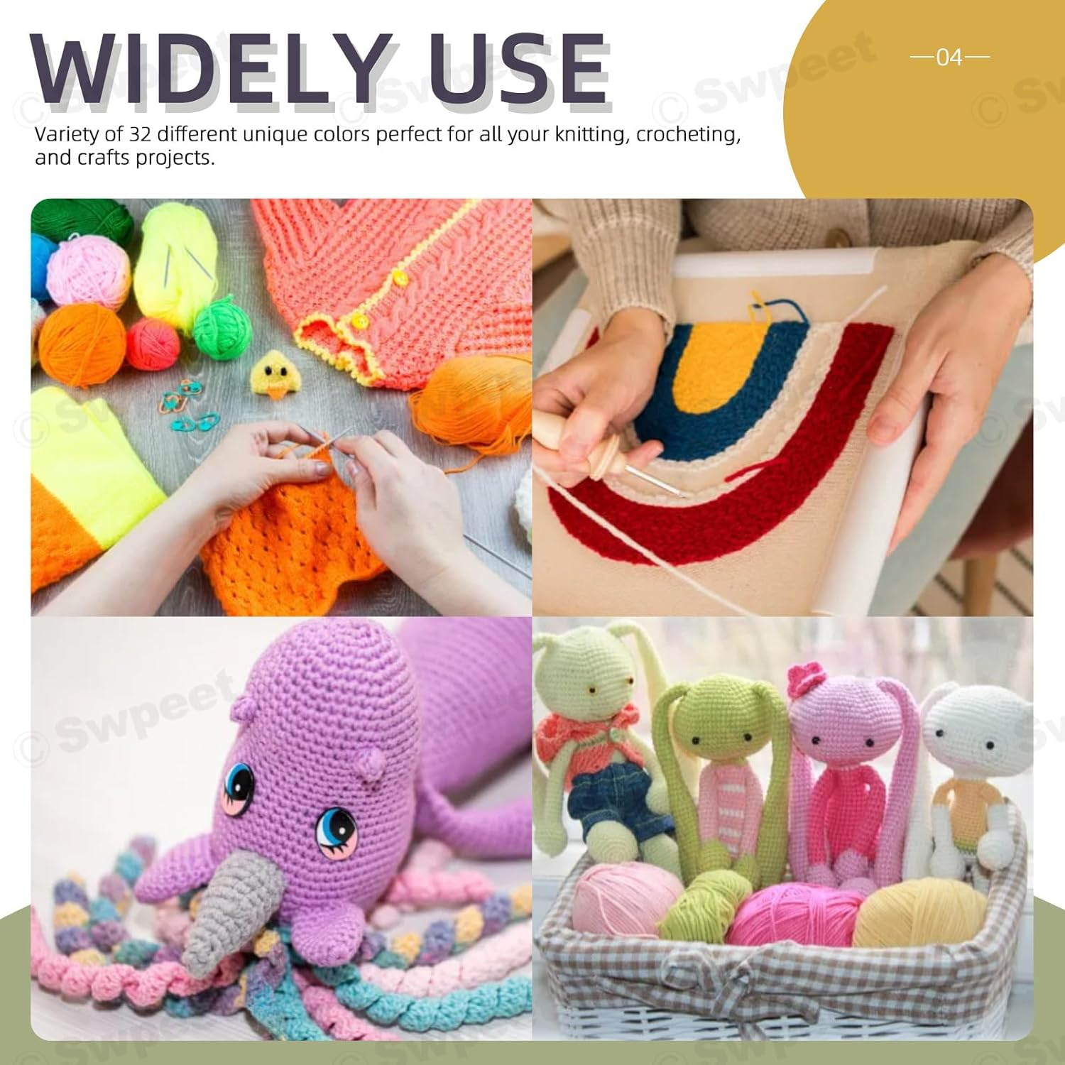 Swpeet 51Pcs Crochet Yarn Kit, Including 32Pcs Multicolor Acrylic Yarn Skeins, 10Pcs Stitch Markers, 6Pcs Plastic Knitting Needle, 2Pcs Crochet Hooks and 1Pc Bag for Crocheting and Knitting image number 2