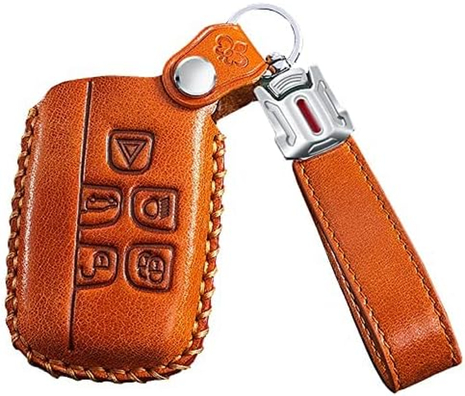 Ontto Leather Car Key Fob Cover Keyring for Land Rover Defender Discovery Evoque LR4 Range Rover Sport Jaguar 5-Buttons Accessories Key Case Keychain Remote Key Shell Key Holder Protector Beige A