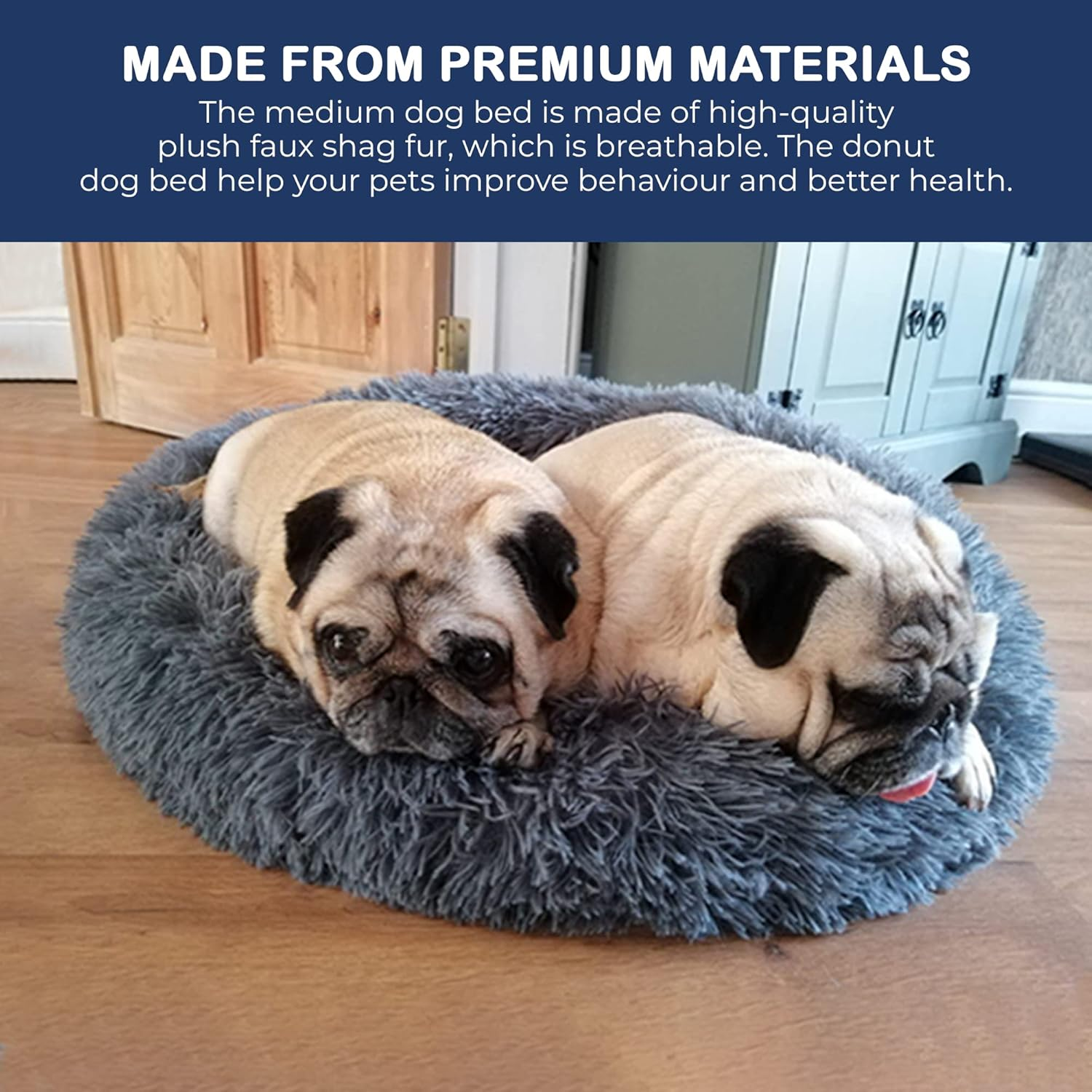 Fur & Bone round Plush Donut Dog Bed, Dog Bed & Cat Bed | Fluffy Dog Bed, Self-Warming Dog Beds | Washable Dog Bed with Non-Slip & Waterproof Bottom Calming Dog Bed, Dog Donut Bed - (70Cm, Dark Grey) image number 3