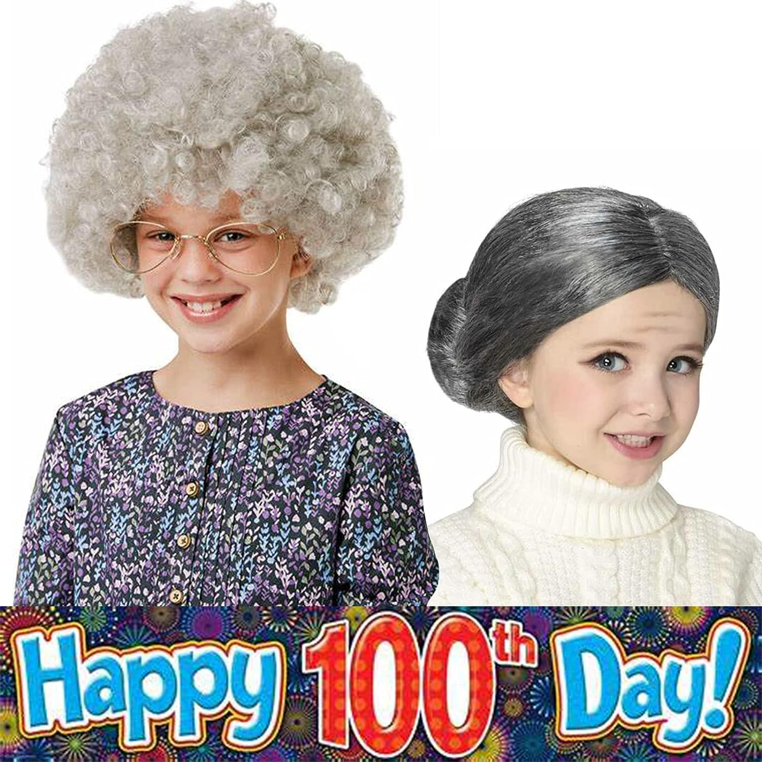 Old Lady Cosplay Set, Grandmother Wig, Wig Cap, Granny Glasses, Eyeglass Chains, Faux Pearl Necklace and Bracelet for Kid Women Halloween Dress up Party image number 6