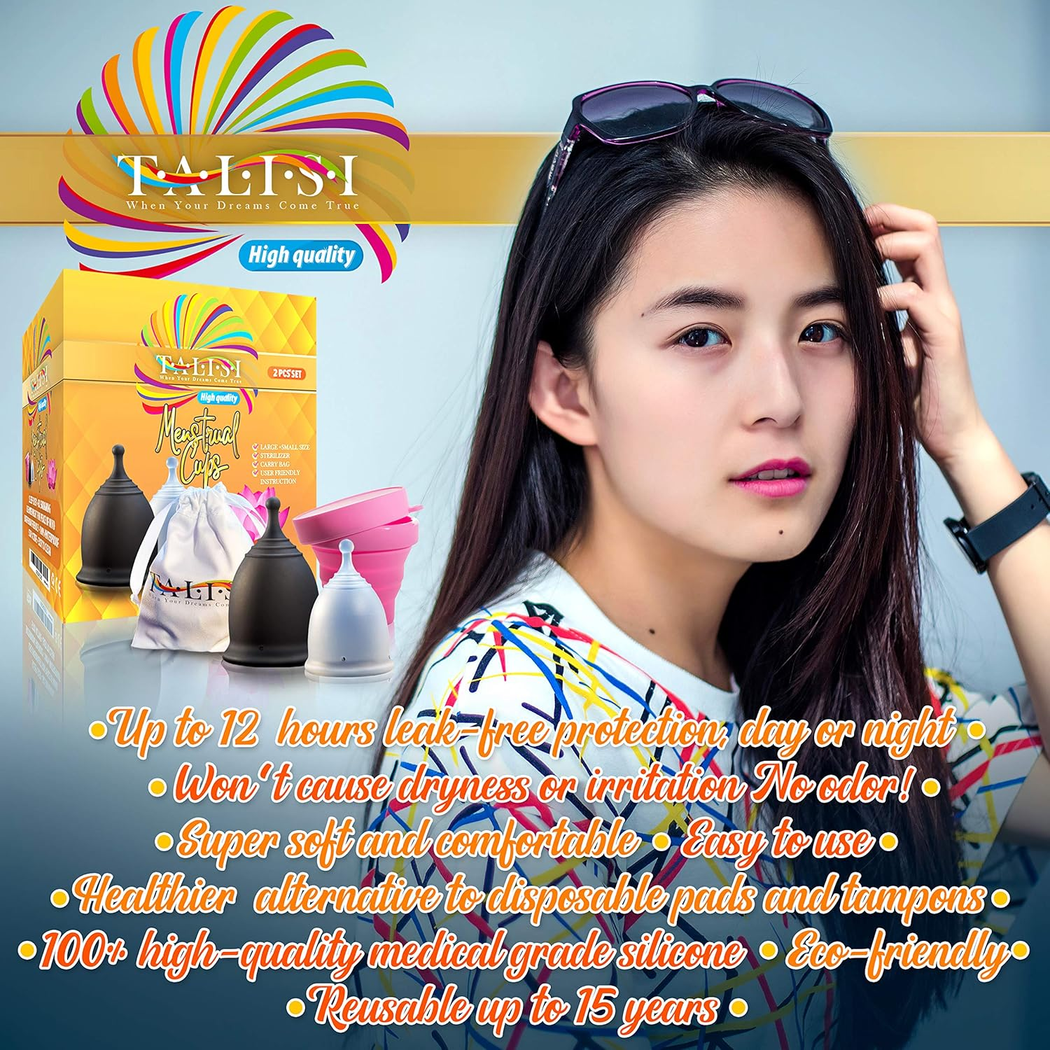 Talisi Reusable 2 Menstrual Cups - Period Cup Set for Women with Collapsible Sterilization Cup and Travel Bag - Feminine Menstruation Alternative to Tampons - Regular and Heavy Flow image number 4