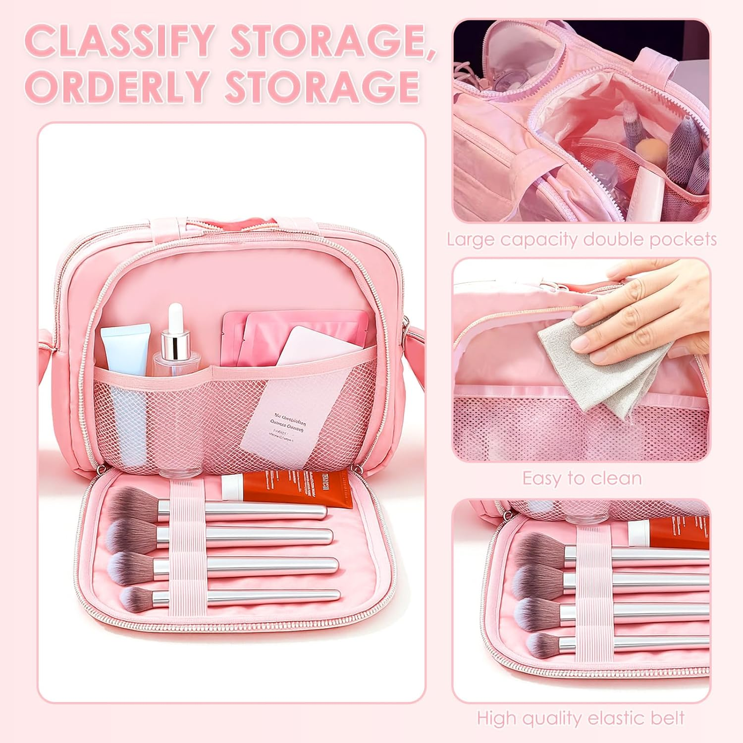 Teccfly Travel Toiletry Bag,Puff Large Capacity Cosmetic Bag,Makeup Bag with Handle for Women,Travel Bags with Wide Open Design for Makeup Toiletry,Accessories & Essentials,Valentine'S Day Gift(Pink) image number 2