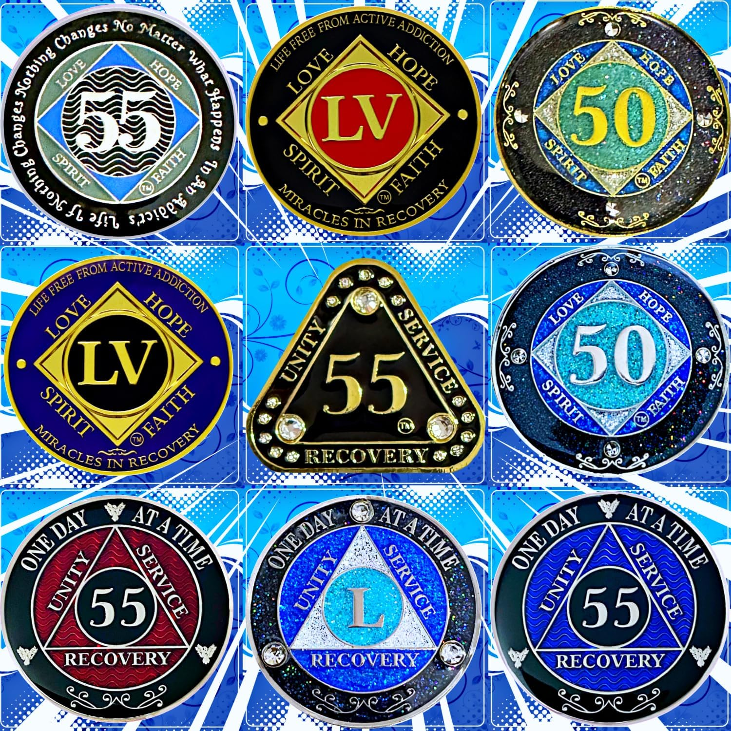 (Years 1-50) NA 40 Year Crystals and Glitter Medallion, Silver Color Plated Coin, Black Rainbow, Blue Glitter and Four Clear Crystals, Epoxy Covered (NA 40 Year Glitter & Crystals Medallion) image number 3