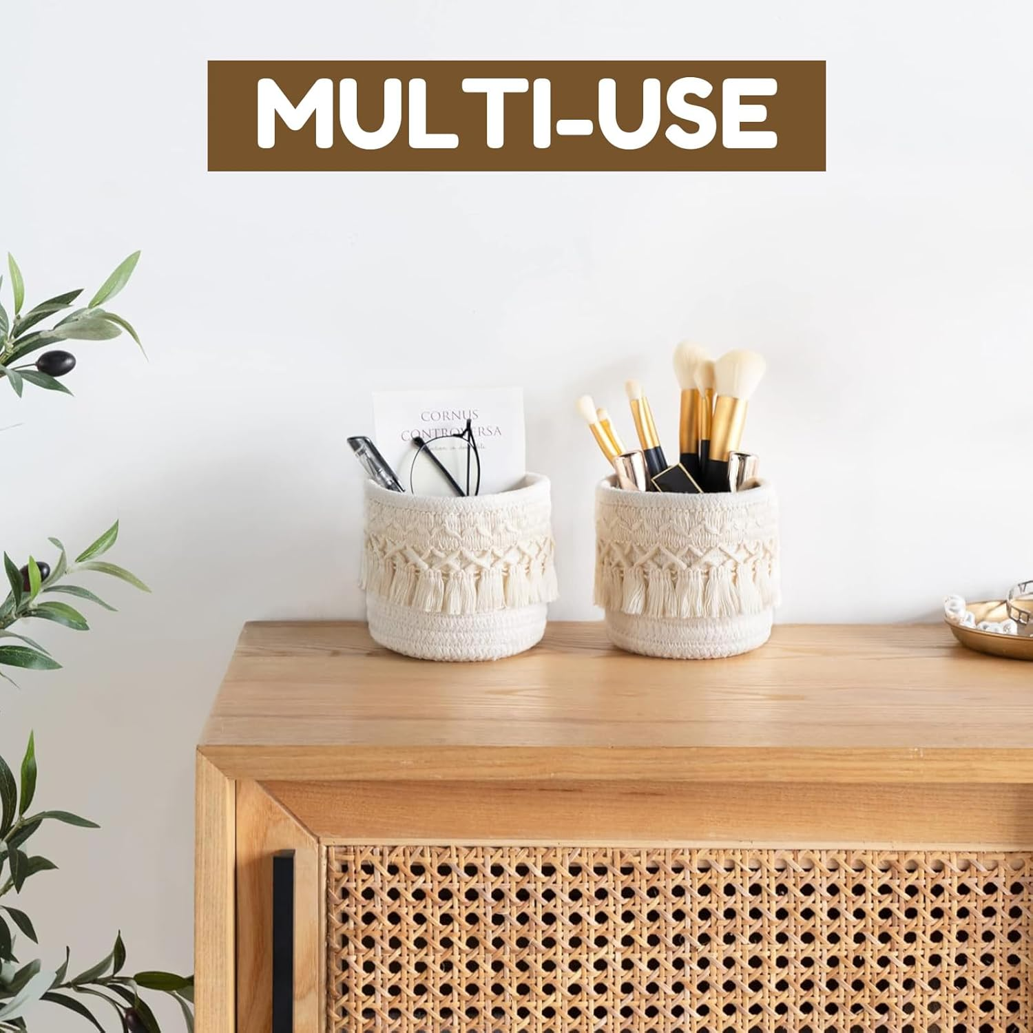 Macrame Makeup Brush Holder Organizer &ndash; Set of 2 Boho Decor Baskets for Pen, Pencil, and Makeup Brushes Storage, Ivory image number 3