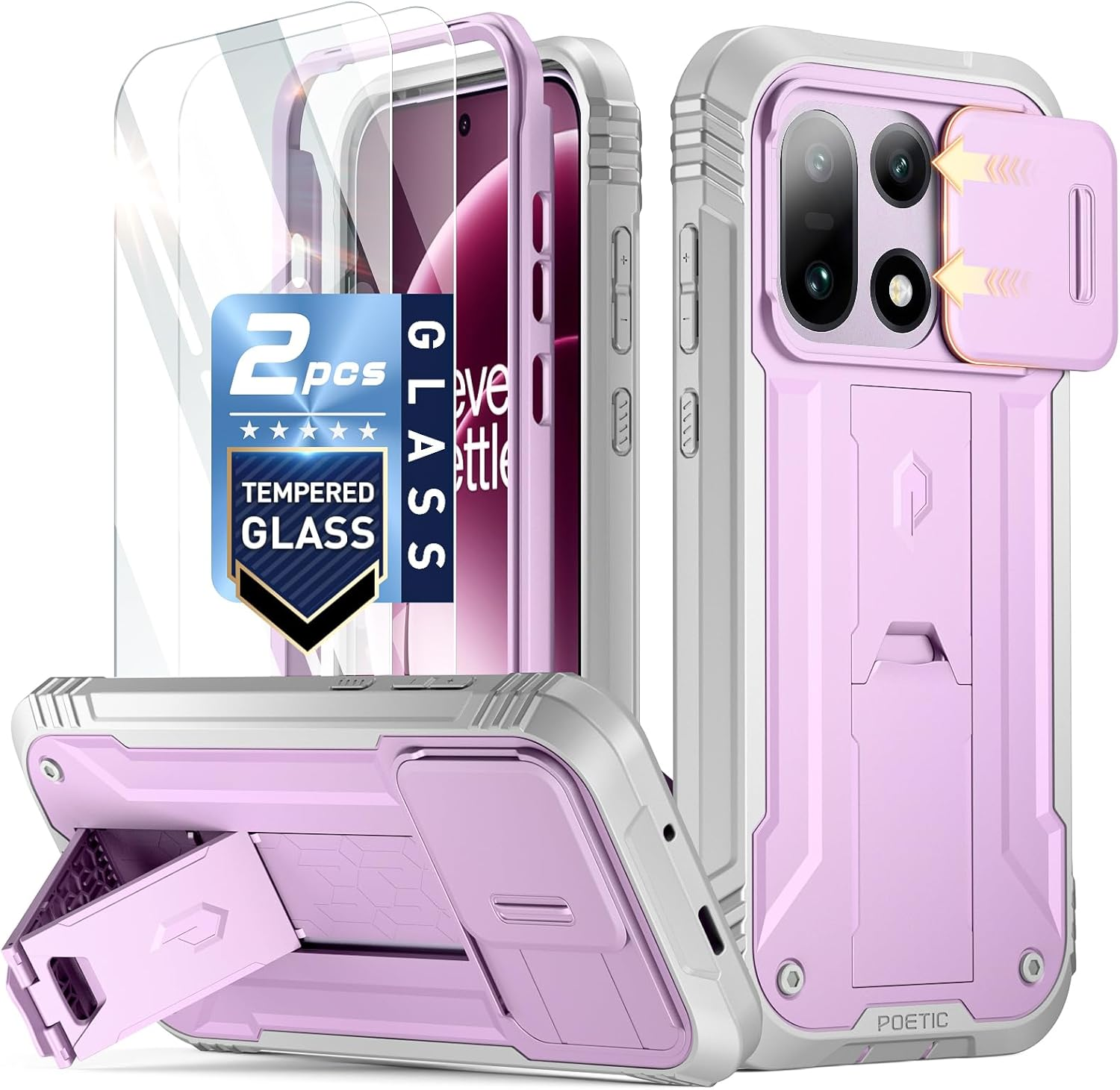 Poetic Revolution Case for Oneplus 15 5G, | Slide Camera Cover | 2 Tempered Glass Screen Protector | 20FT Mil-Grade Drop Tested | Full-Body Rugged Dual-Layer Shockproof Case with Kickstand, Black