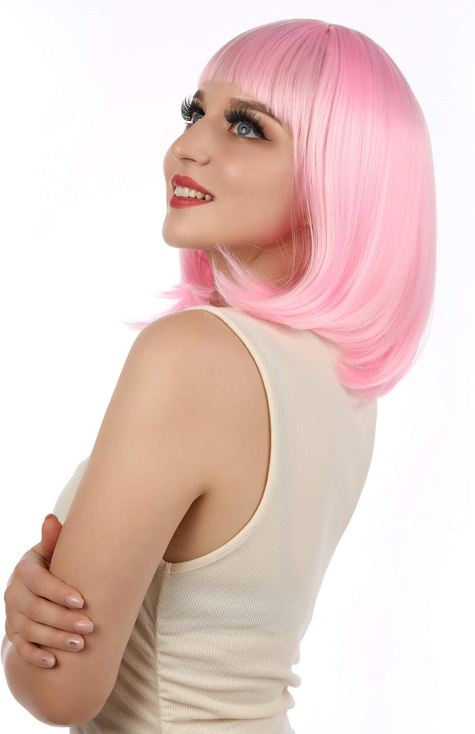 Enilecor Short Bob Hair Wigs 12" Straight with Flat Bangs Synthetic Colorful Cosplay Daily Party Wig for Women Natural as Real Hair+ Free Wig Cap (Light Pink) - Caramel, White image number 7