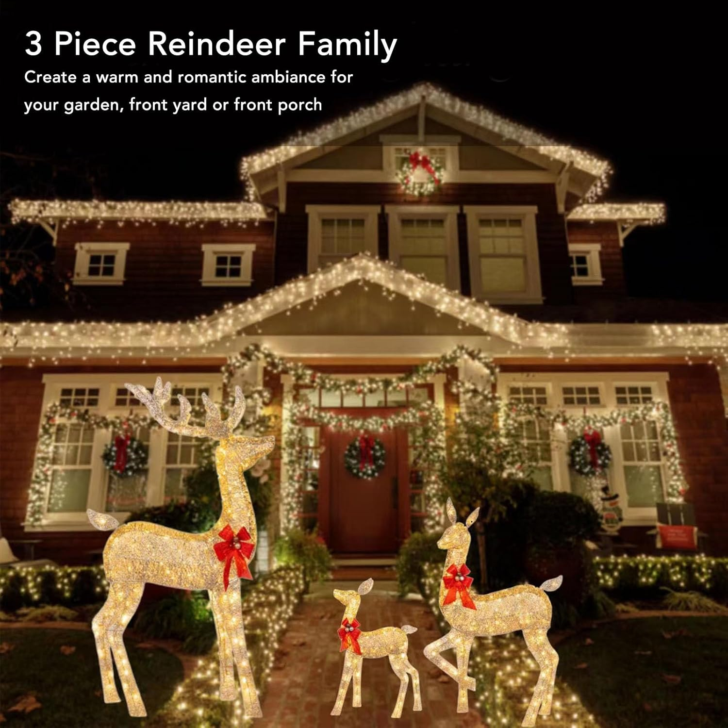 3 Pieces Lighted Christmas Reindeer, Lighted Christmas Deer Family Set, Outdoor Yard Reindeer Holiday Decoration with LED Lights, Christmas Decoration for Lawn Yard Garden image number 2