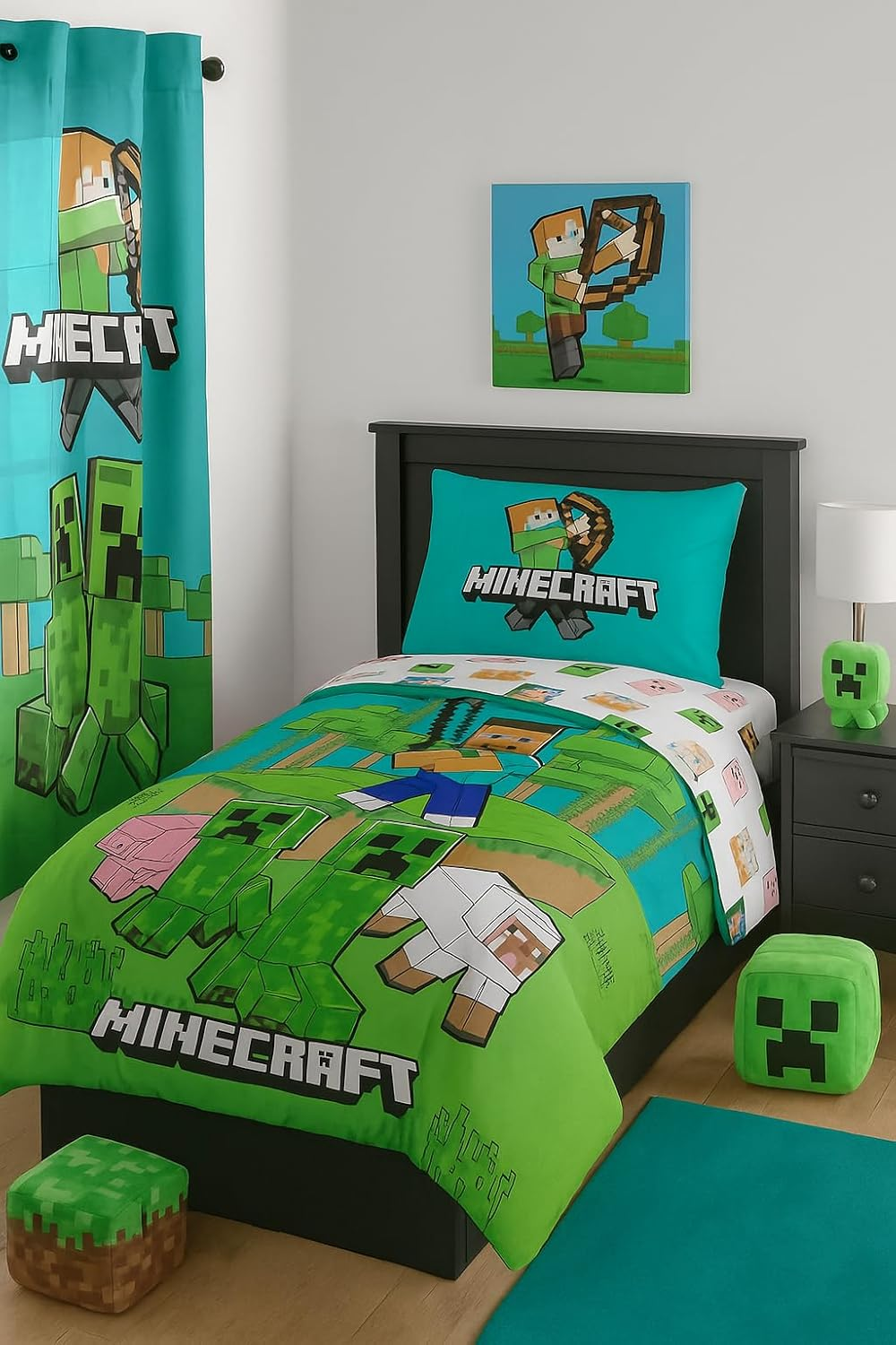 Minecraft Bedlinen Single Size | Duvet Cover 140X200 Cm + Pillowcase 60X65 Cm, 100% Cotton | Soft, Colorful & Reversible Bedding Set for Kids | Minecraft ''Jungle Explore'' Design - Blue image number 4