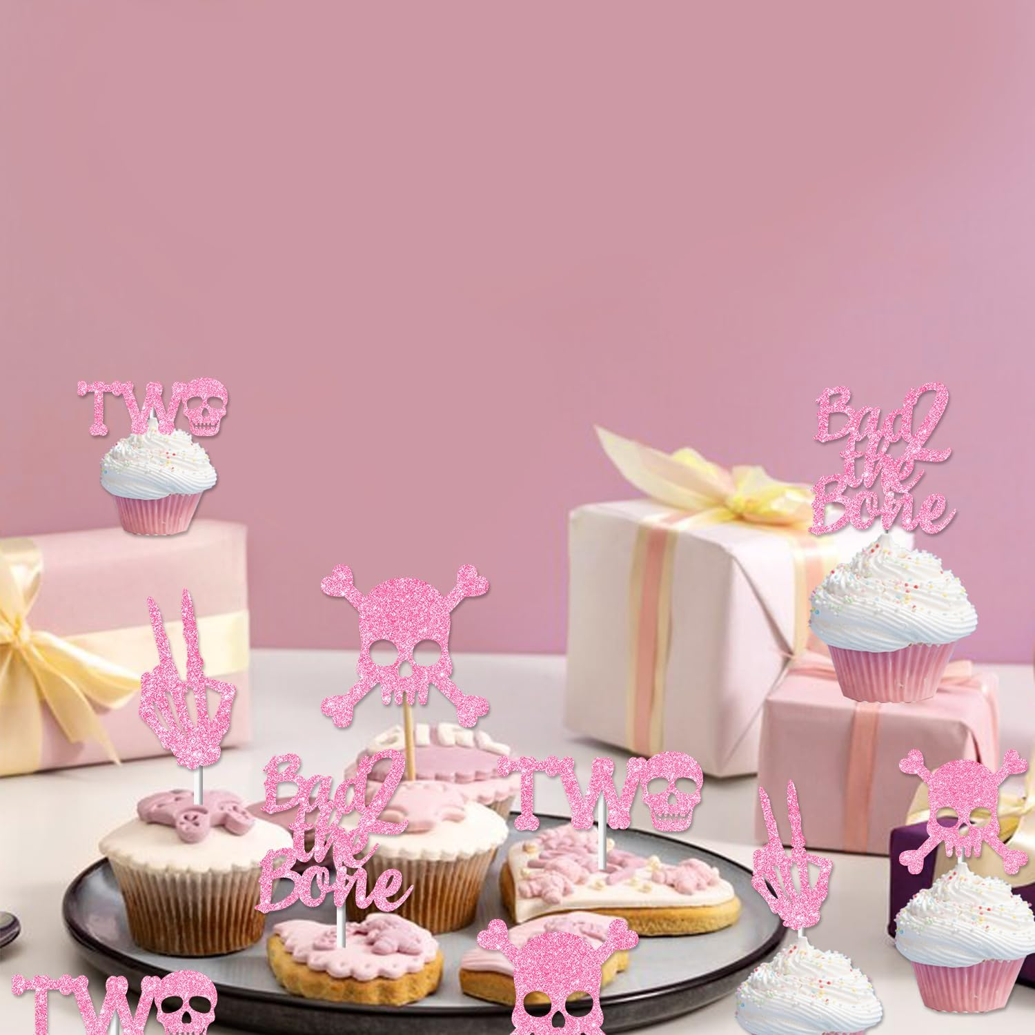 Bad Two the Bone Cake Toppers 36PCS Pink Gold Glitter Rock N Roll 2Nd Cake Toppers Bone Skull Birthday Cake Decorations Rock Music Theme Cake Decorations for Girls 2Nd Bday Party Supplies image number 3