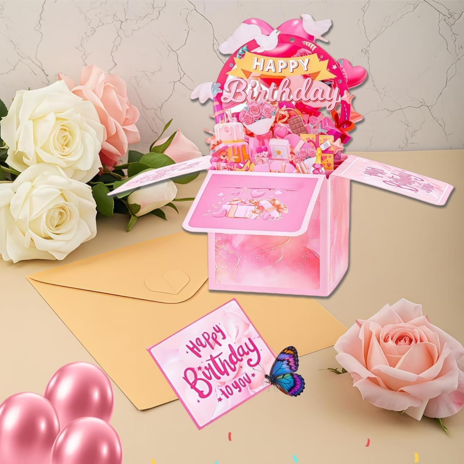Uroboo 3D Pop up Happy Birthday Card Stunning 3D Birthday Greeting Boxed Card for Unforgettable Celebrations for Women Mom Wife Daughter Grandma Girlfriend, Pink - Pink image number 6