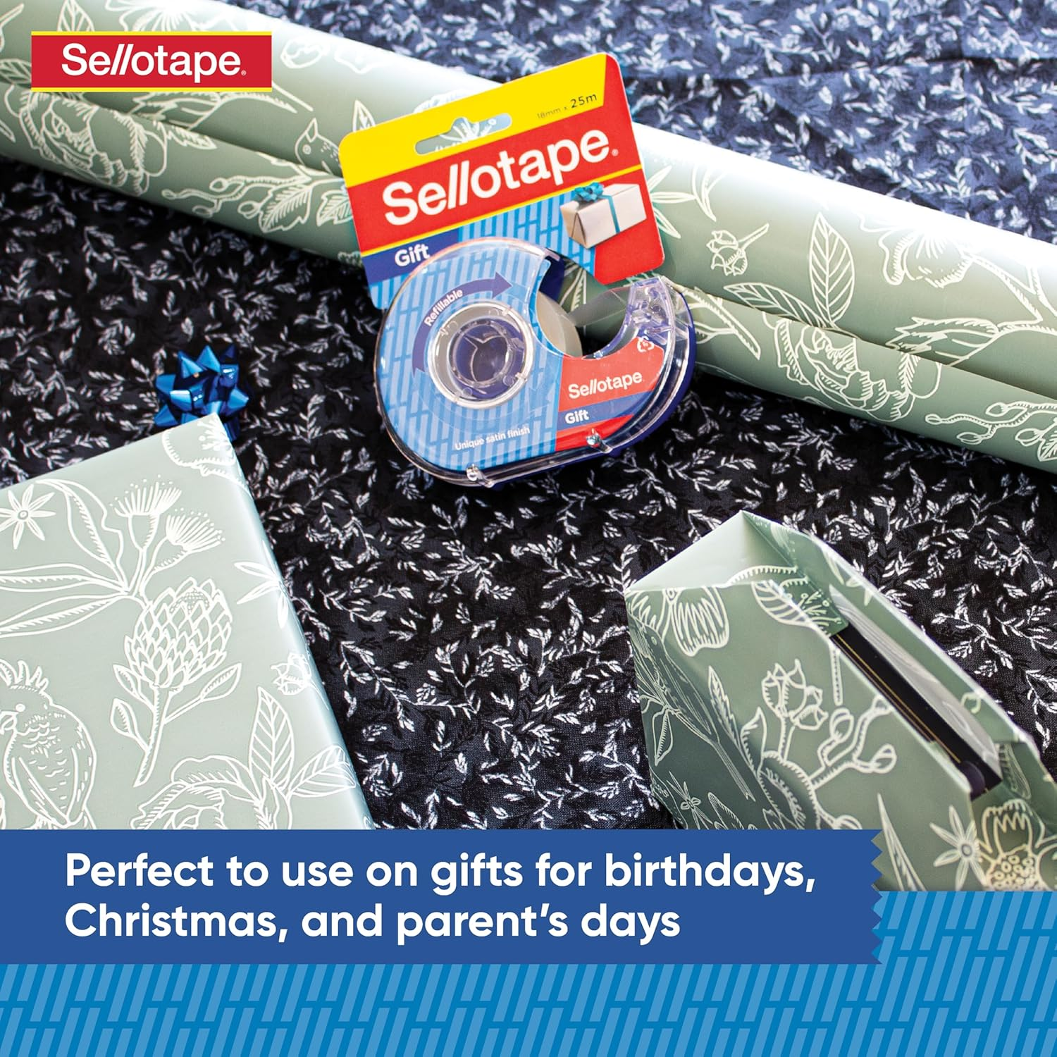 Sellotape&reg; Gift Tape with Dispenser, Semi-Matt Finish for Seamless Wrapping, Ideal for Gifts, Office & Home Use, Long-Lasting Adhesive 18Mm X 25M Roll image number 1