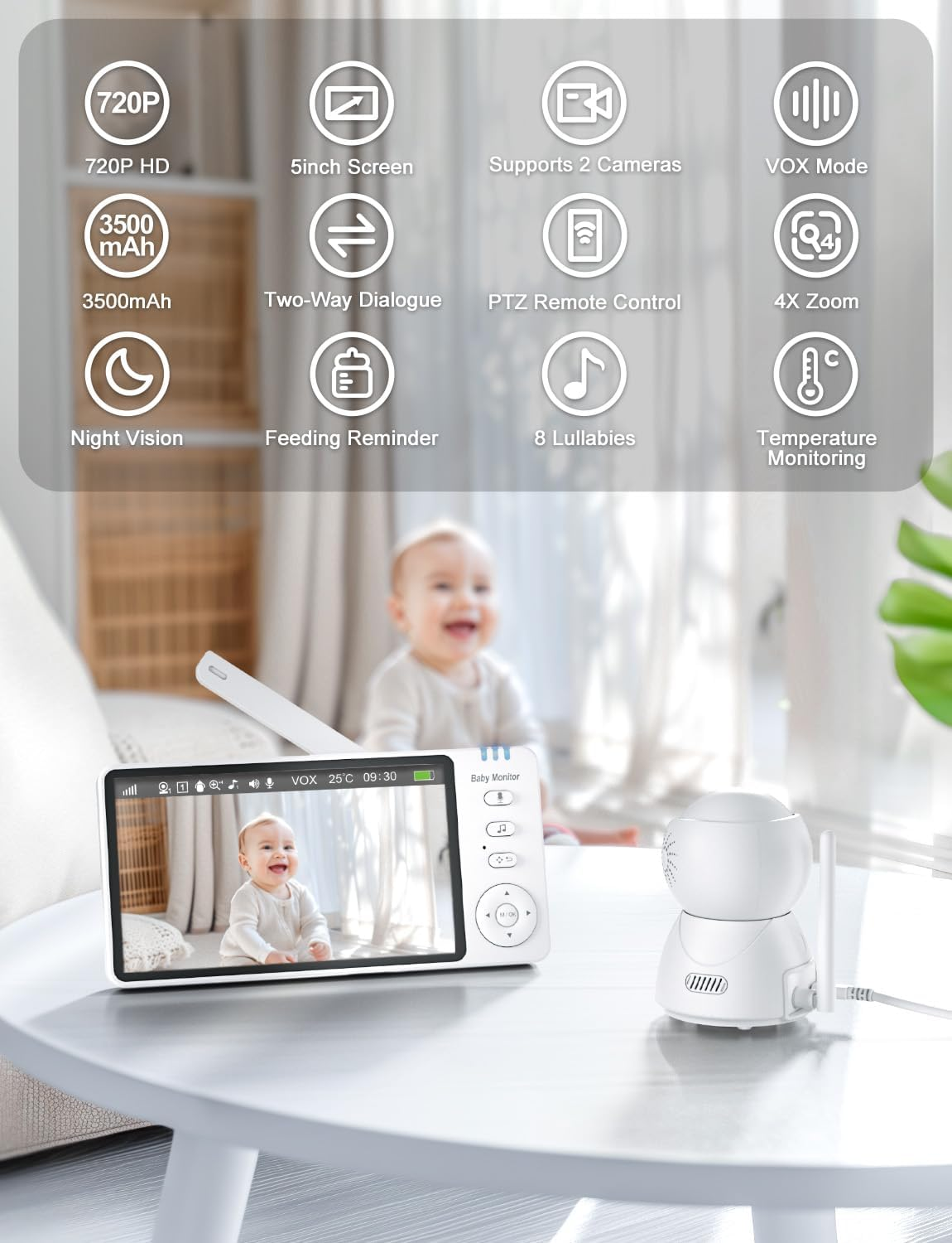 BURNNOVE Baby Monitor with Camera 5'' 720P HD Screen Baby Video Monitor with Two Way Audio 2X 4X Digital Zoom VOX Mode Night Vision Temperature Monitoring 8 Lullabies and 5 Alarms image number 5