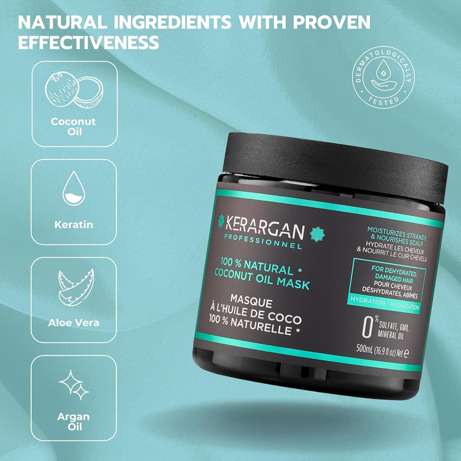 Kerargan - Hair Mask with Coconut, Argan and Chamomile Oil to Deeply Nourish Your Hair and Moisturise - for Dry and Brittle Hair - No Sulphates, Parabens and Silicone - 500 Ml image number 6