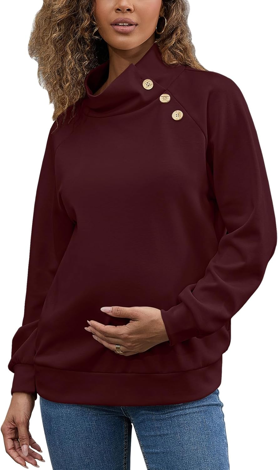 Maternity Turtleneck Sweatshirt for Women Buttons Pullover Shirts Long Sleeve Tops as Clothing with Side Pockets