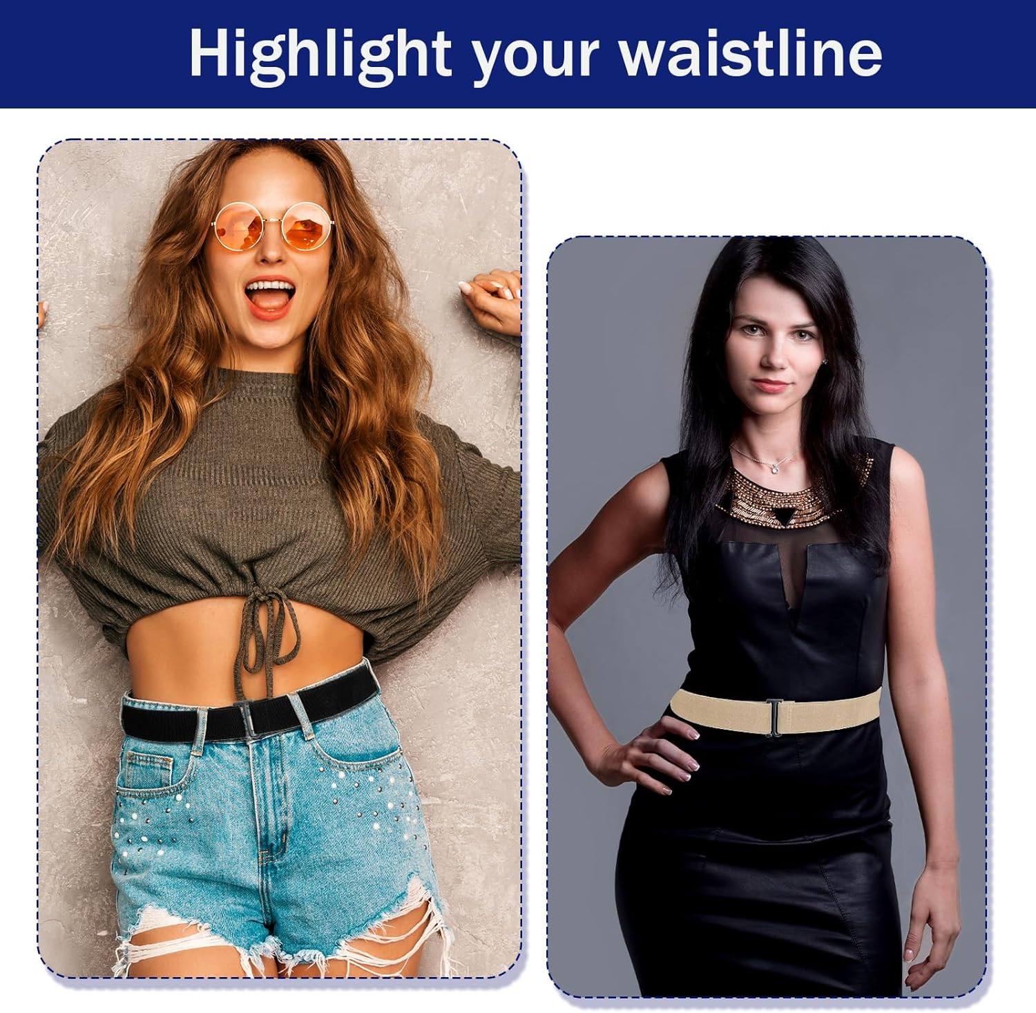 Heclia 3PCS No Show Stretch Belt for Women, Elastic Stretch Belt with Flat Buckle for Pants Jeans Dresses, Adjustable Invisible Strap Belts Fashion Classic Solid Color Lady Wasit Belts - Black image number 7