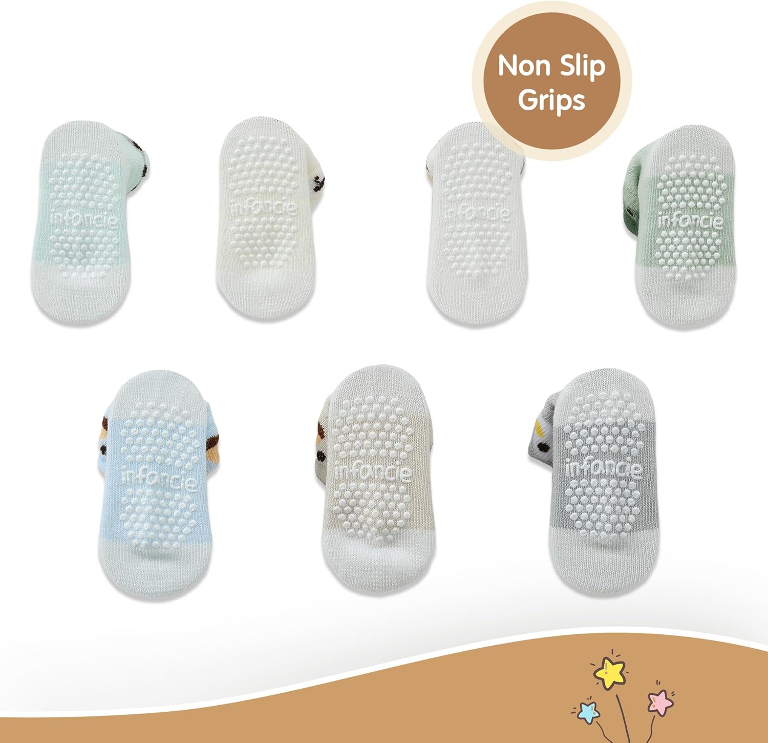 Organic Baby Grip Socks 7-Pack &ndash; Non-Slip Cotton Ankle Socks with Cute Animal Prints for Boys & Girls, Warm Slipper Socks image number 2