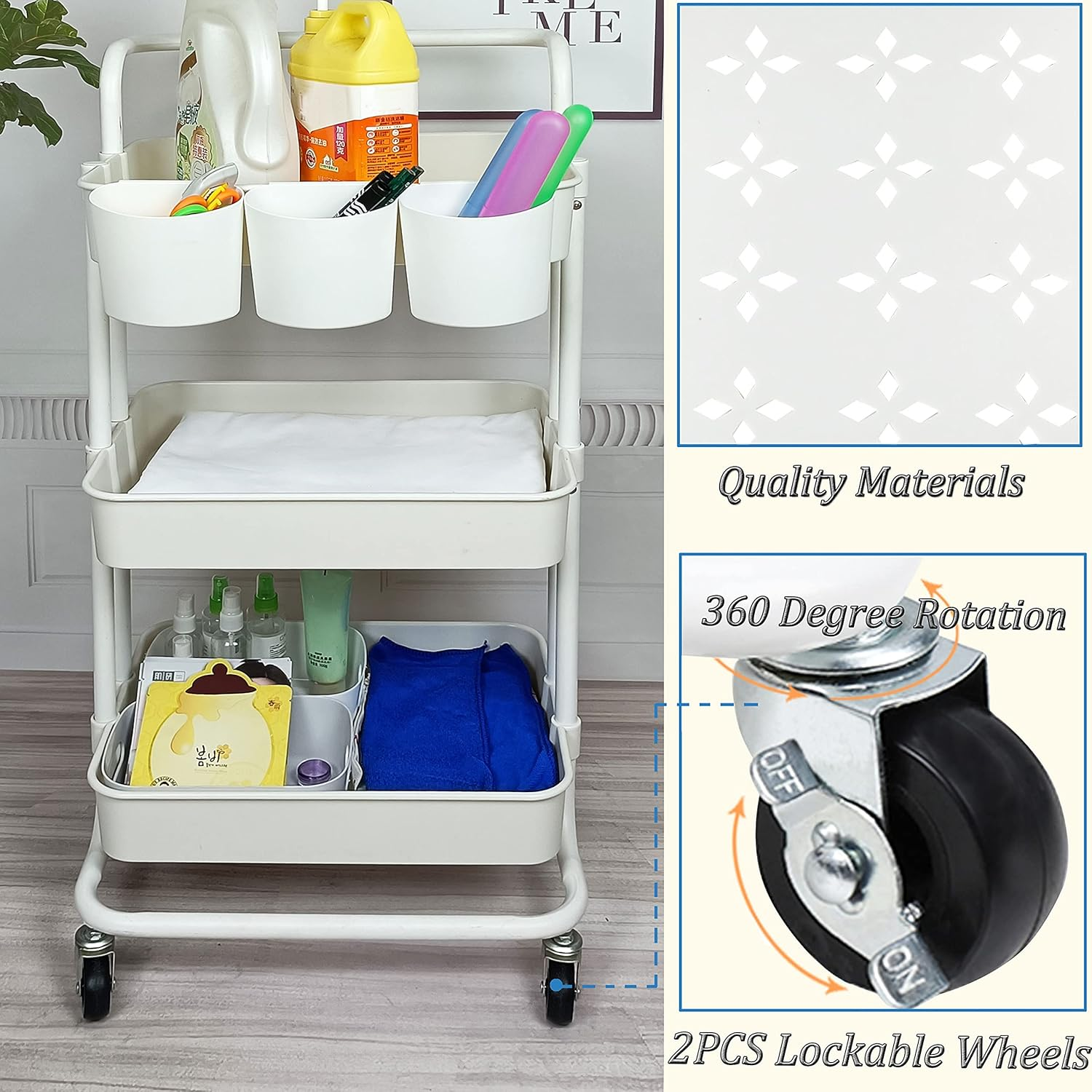 3 Tier Utility Rolling Cart Storage Organizer Shelf Multifunction Rack with 3PCS Hanging Cups for Home Office Kitchen Bathroom Store (3Pcs Cups White) - Black image number 5