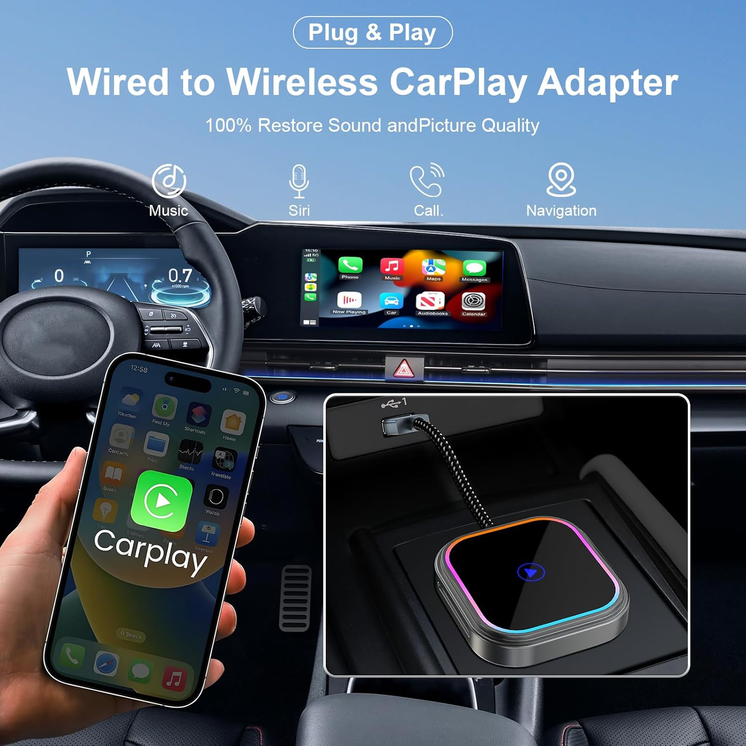 Tesansi Wireless Carplay Adapter for Iphone (2025 Full Upgraded) Audio Reactive Lighting Design for Apple and Android Carplay Dongle, Bluetooth Connection Plug and Play, Mini Size USB Type-A & Type-C image number 1
