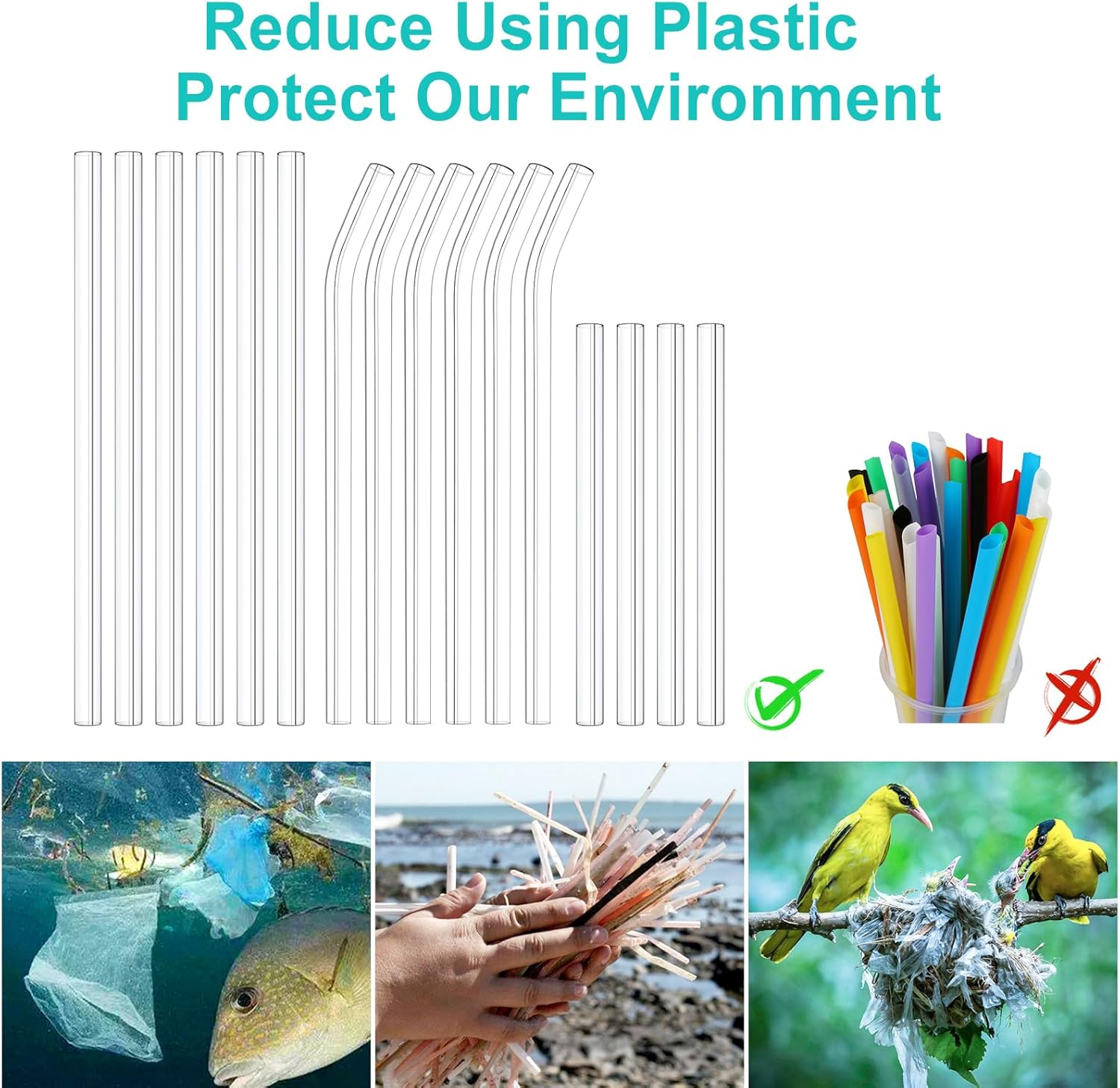 Kiemeu 16 Pack Clear Glass Straws for Drinking, &Phi;10 Mm Wide Straws for Smoothies, Cocktail and Other Drinks, Family Pack