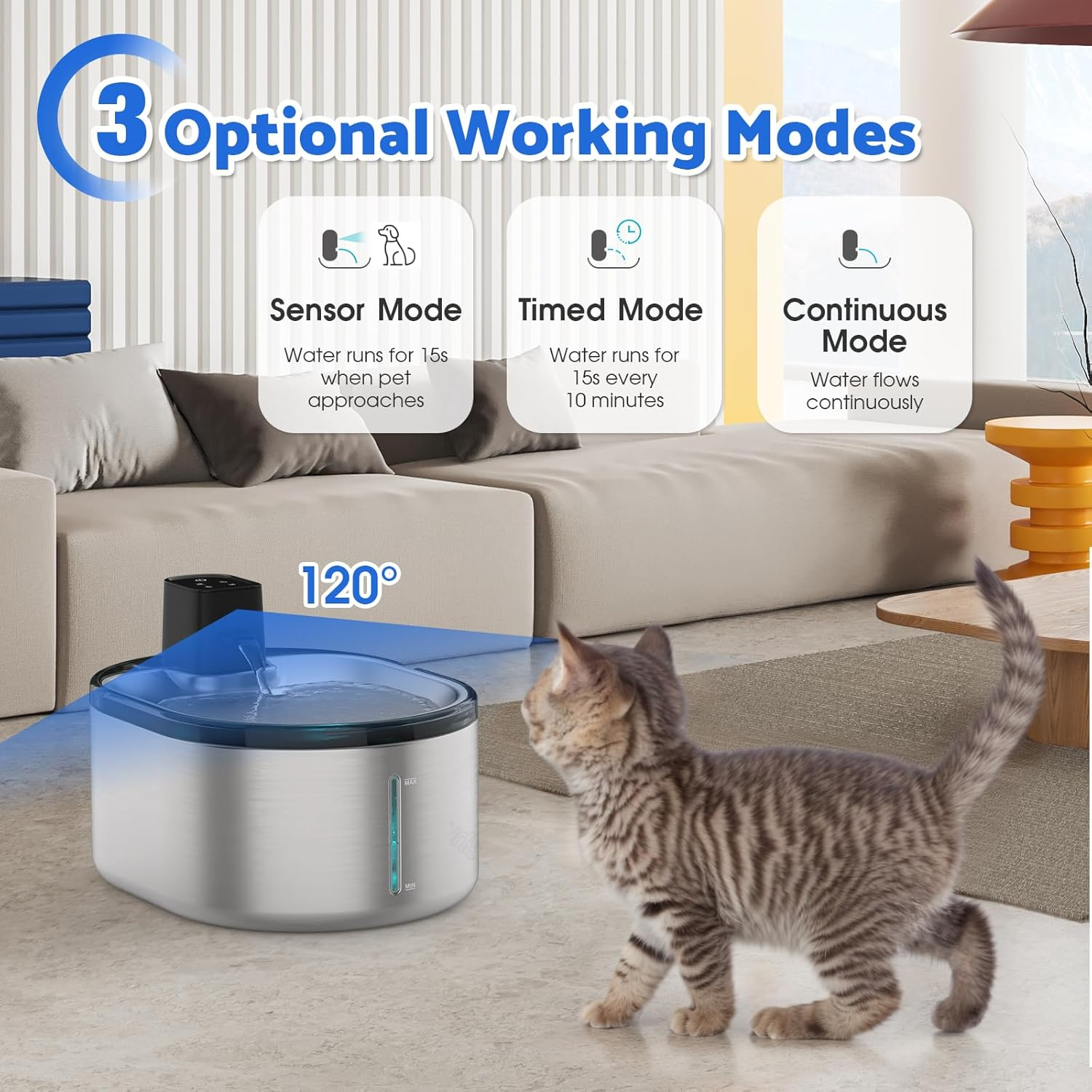 Advwin Wireless Cat Water Fountain, Stainless Steel Automatic Pet Water Dispenser, 3000Mah Battery Operated, 4L Water Fountains for Cats Dogs with 5 Filters image number 6
