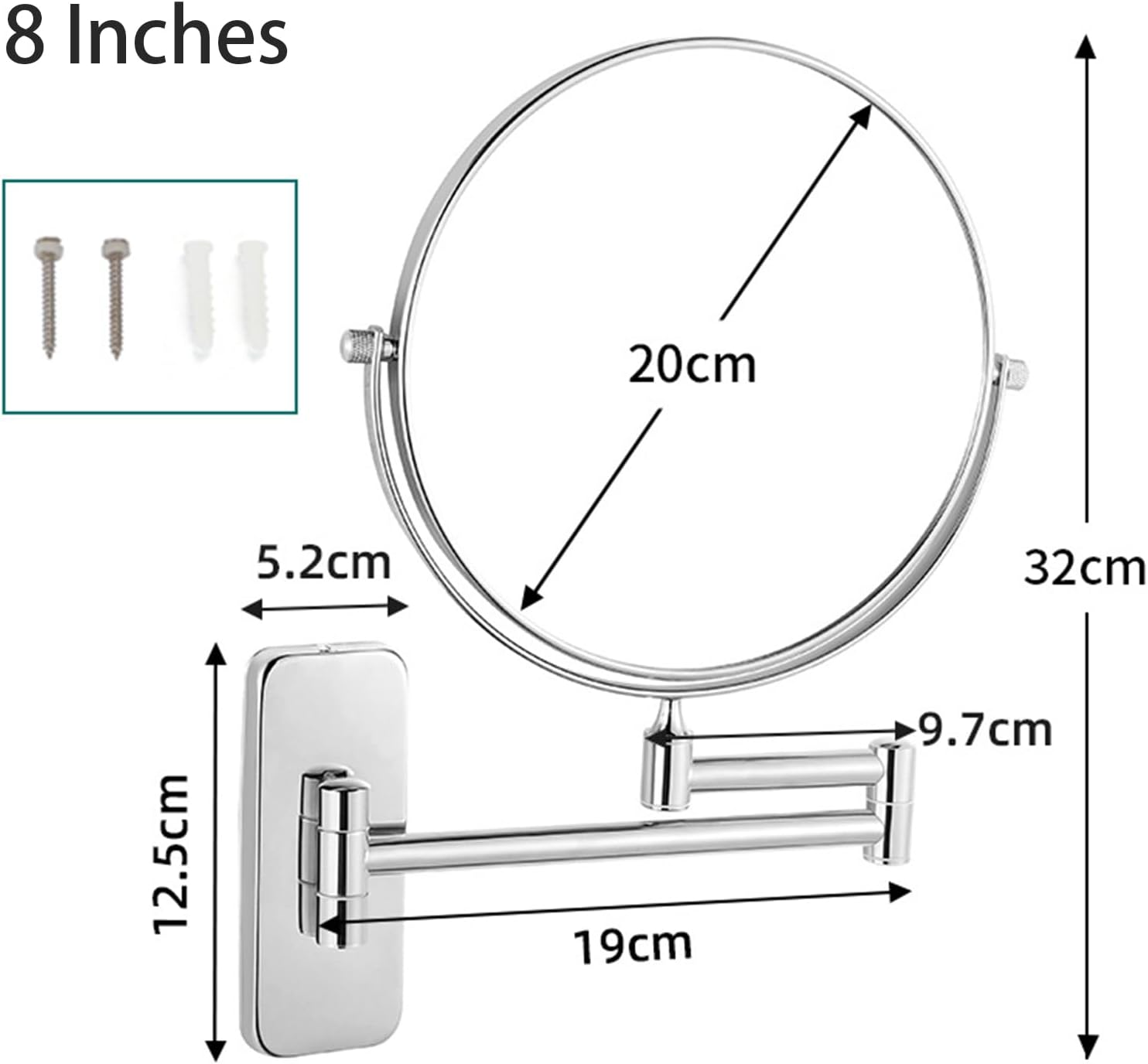 8" Wall Mounted Makeup Mirror with Magnification, Double Sided Magnifying Mirror, Extendable Cosmetic Vanity Mirror for Bathroom,Chrome,7X image number 4