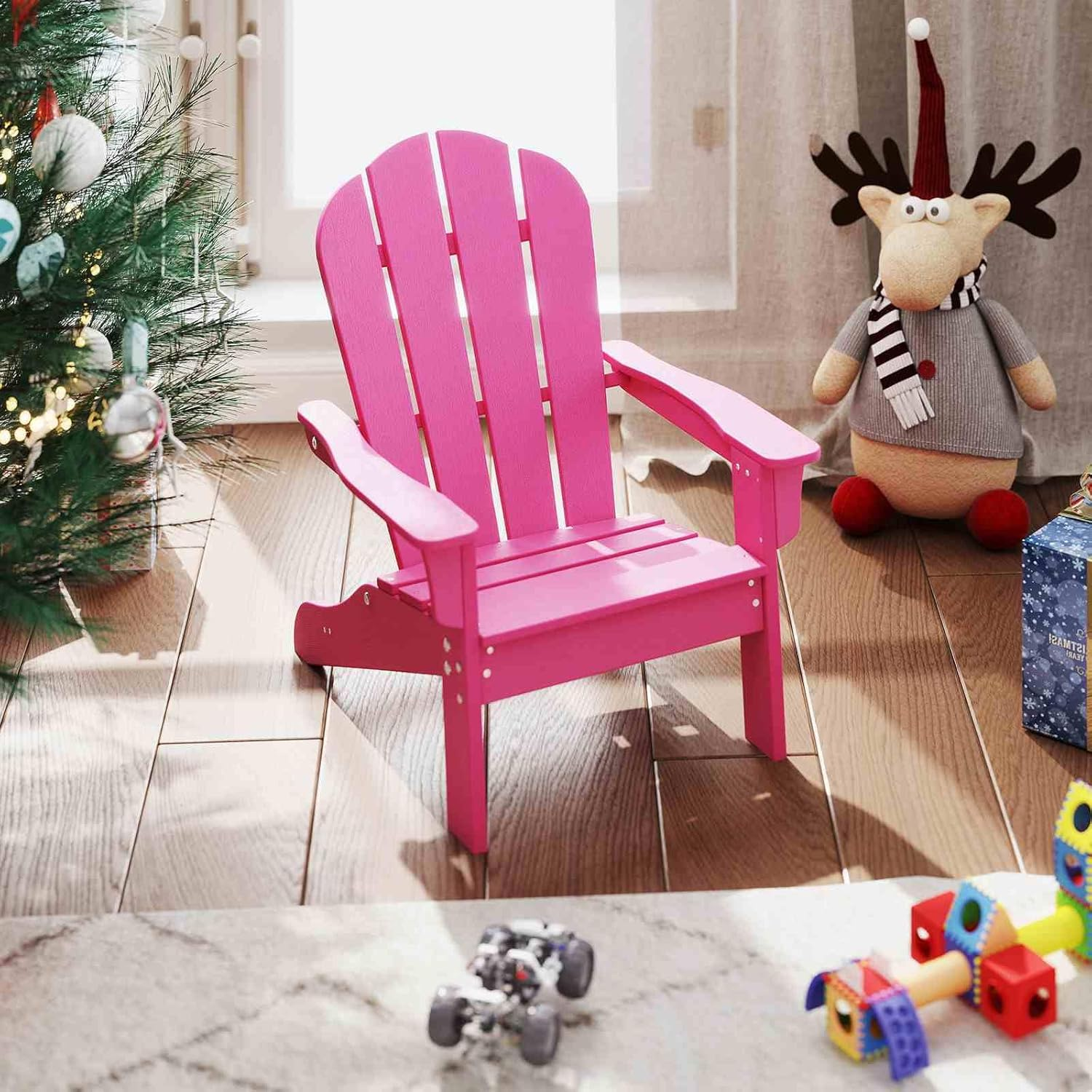 Costway Kid'S Adirondack Chair, All-Weather HDPE Toddler Lawn Chair with Ergonomic Design, Kid'S Outdoor Patio Furniture for Toddlers Boys Girls Ages 3-8 Years Old (Pink) - Brown image number 3