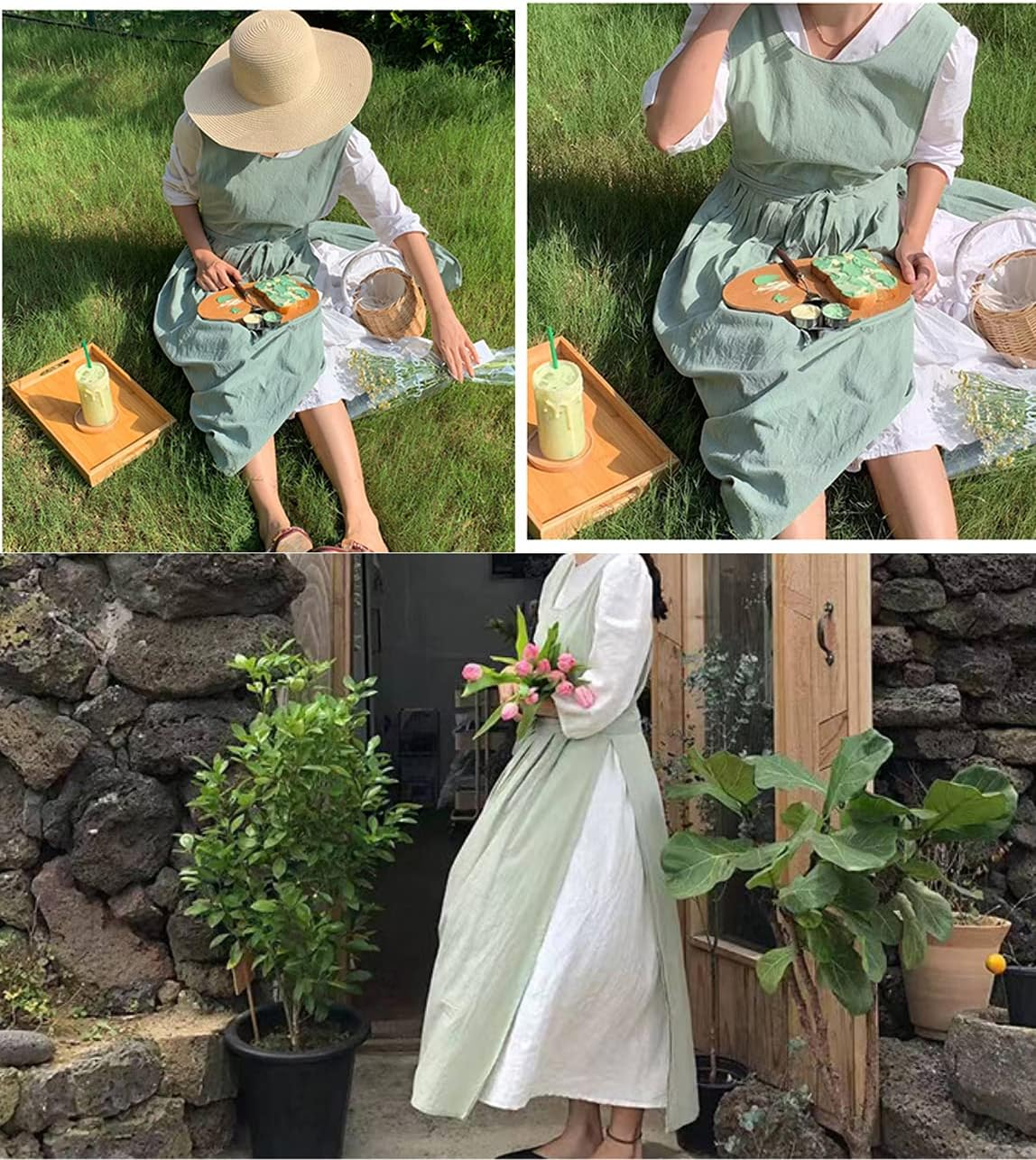 Women Girls Vintage Pleated Split Apron V Neck Gardening Works Cotton Overall Smock Pinafore Dress - Green image number 2