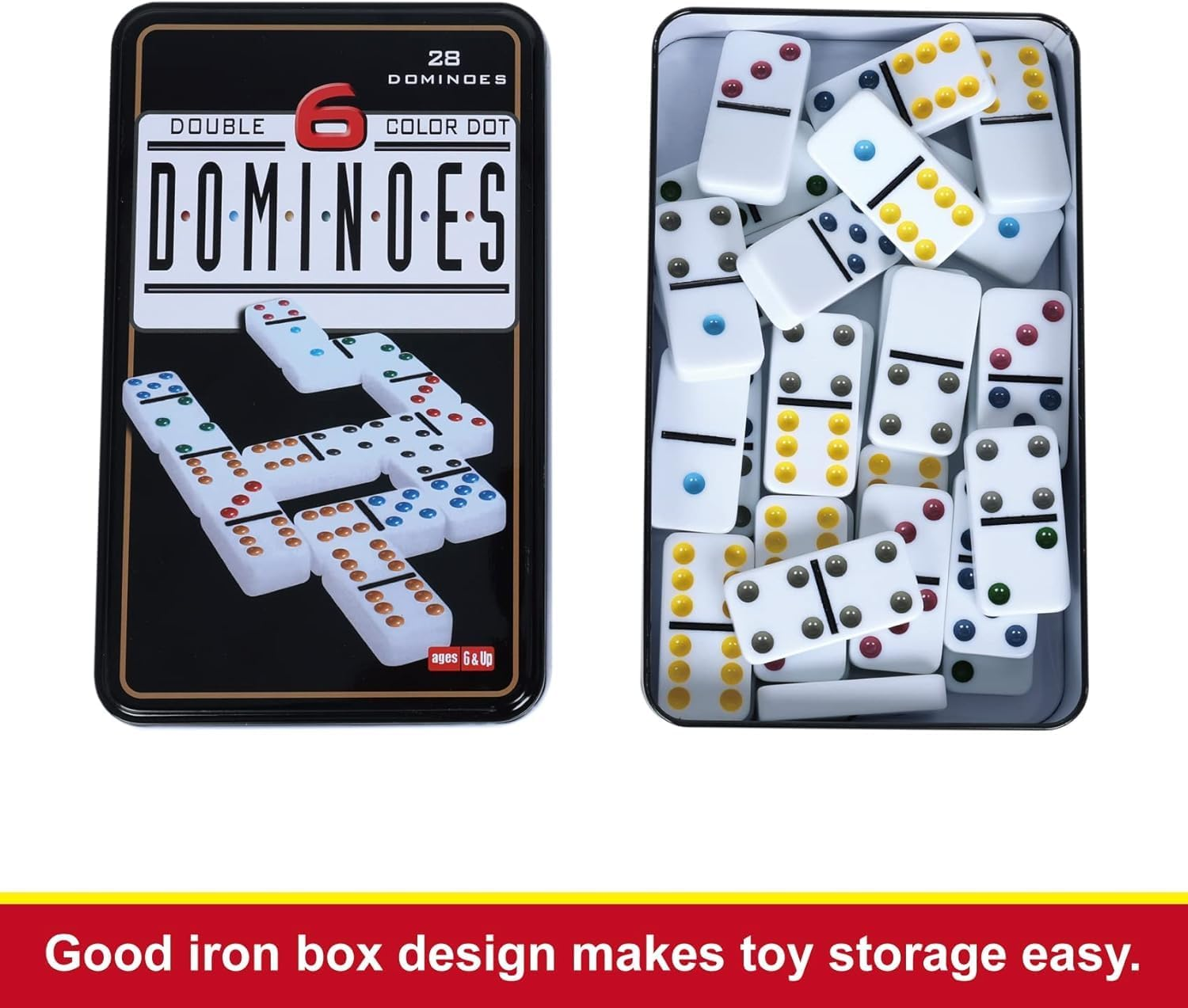 Double 6 Dominoes Set for Adults & Kids - Classic Domino Game with 28 Tiles Colored Dots - 2 or 4 Player Table Games & Ideal for Family Fun Game Night Party and Travel (Tin Box1) image number 1