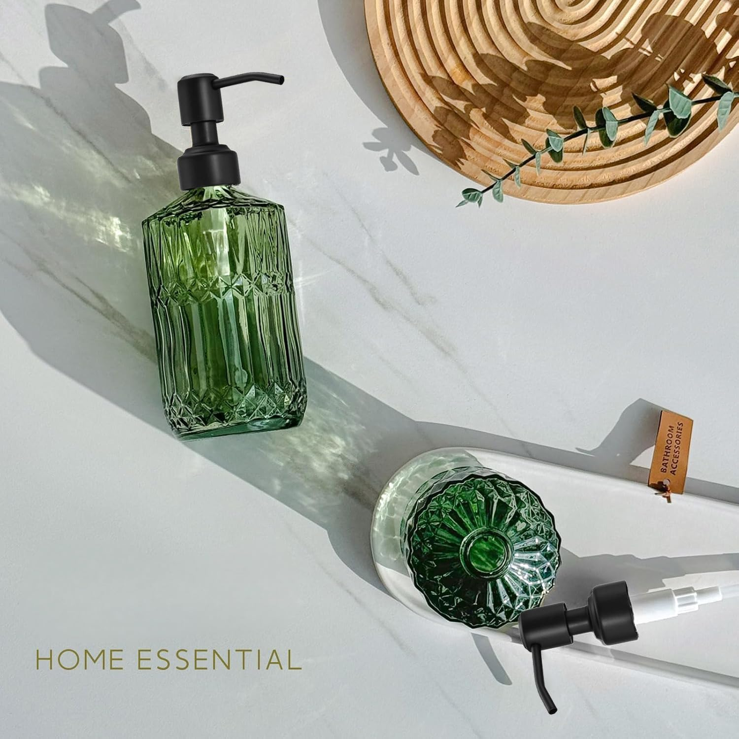 Glass Soap Dispenser 2-Pack (350ML Each) - Green with Black Stainless Steel Pump, Refillable Kitchen & Bathroom Dispensers for Dish Soap, Hand Soap, Lotion Cottagecore Style image number 2