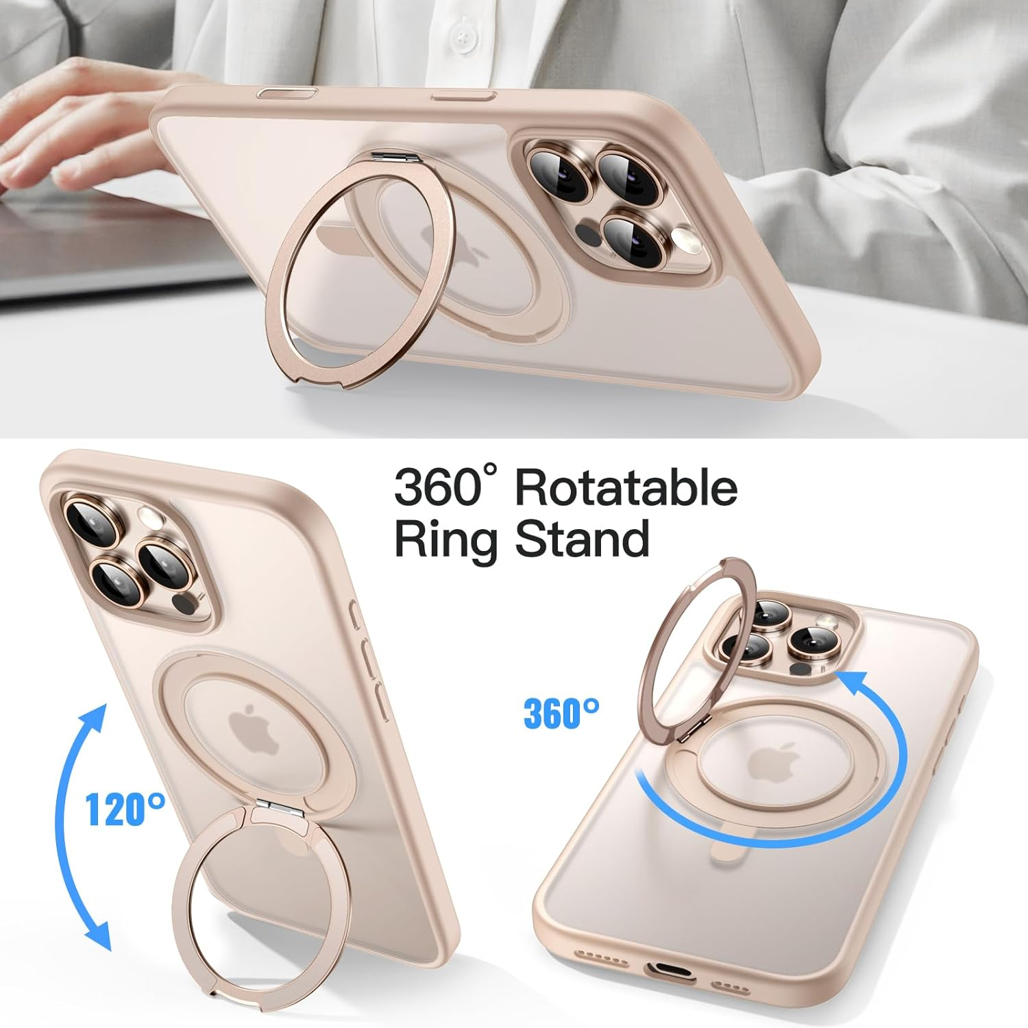 Jetech 360 Degree Rotatable Ring Case for Iphone 16 Pro Max 6.9-Inch with Camera Control Button, Compatible with Magsafe, Slim Shockproof Phone Cover with Stand & Ring Holder (Desert Titanium) - Natural Titanium image number 6