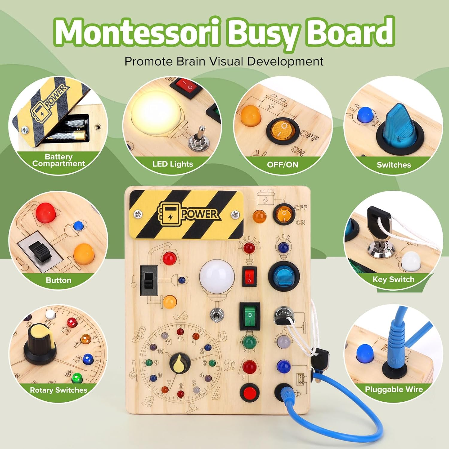 Busy Board 【Plus Version】 with 23 LED Light,Montessori Toys for 1+ Year Old,Sensory Toys for Fine Motor Skills, Gifts & Travel Toys F or Toddlers 1-3 image number 5