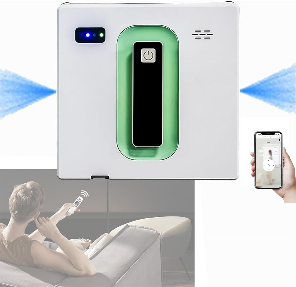 Window Cleaner Robot with Dual Water Spray, Automatic Window Cleaner Robot Smart Glass Washer with Anti-Falling Sensor,App Control,Suitable for Outdoor Indoor High Rise Windows Tiles (White+Green)