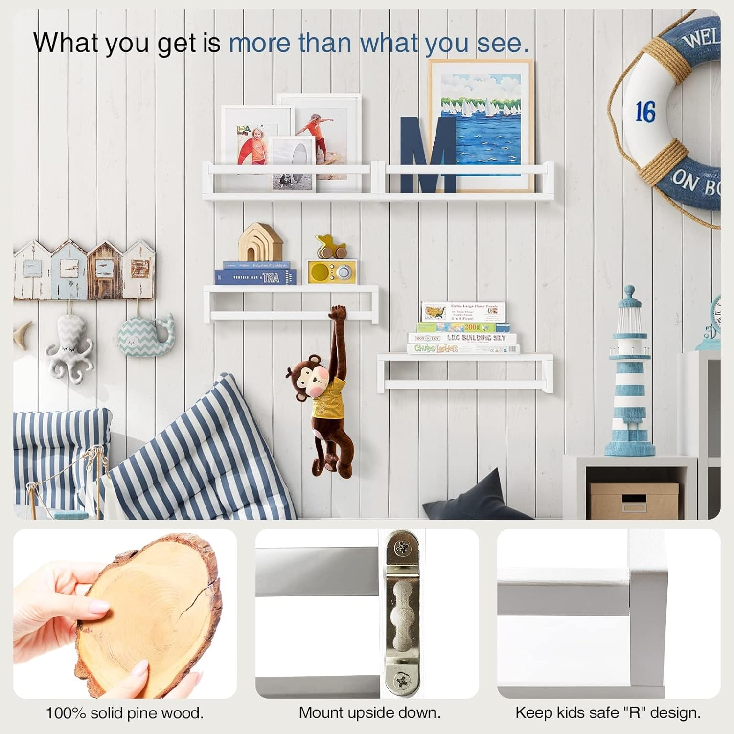 Omebel Floating Bookshelf, Wall Book Shelf Set of 4, Kids Bookshelf Storage Shelves for Baby Teen Boys Girls Bedroom Toy and Decor Storage Display Shelf Wall Mounted White image number 4