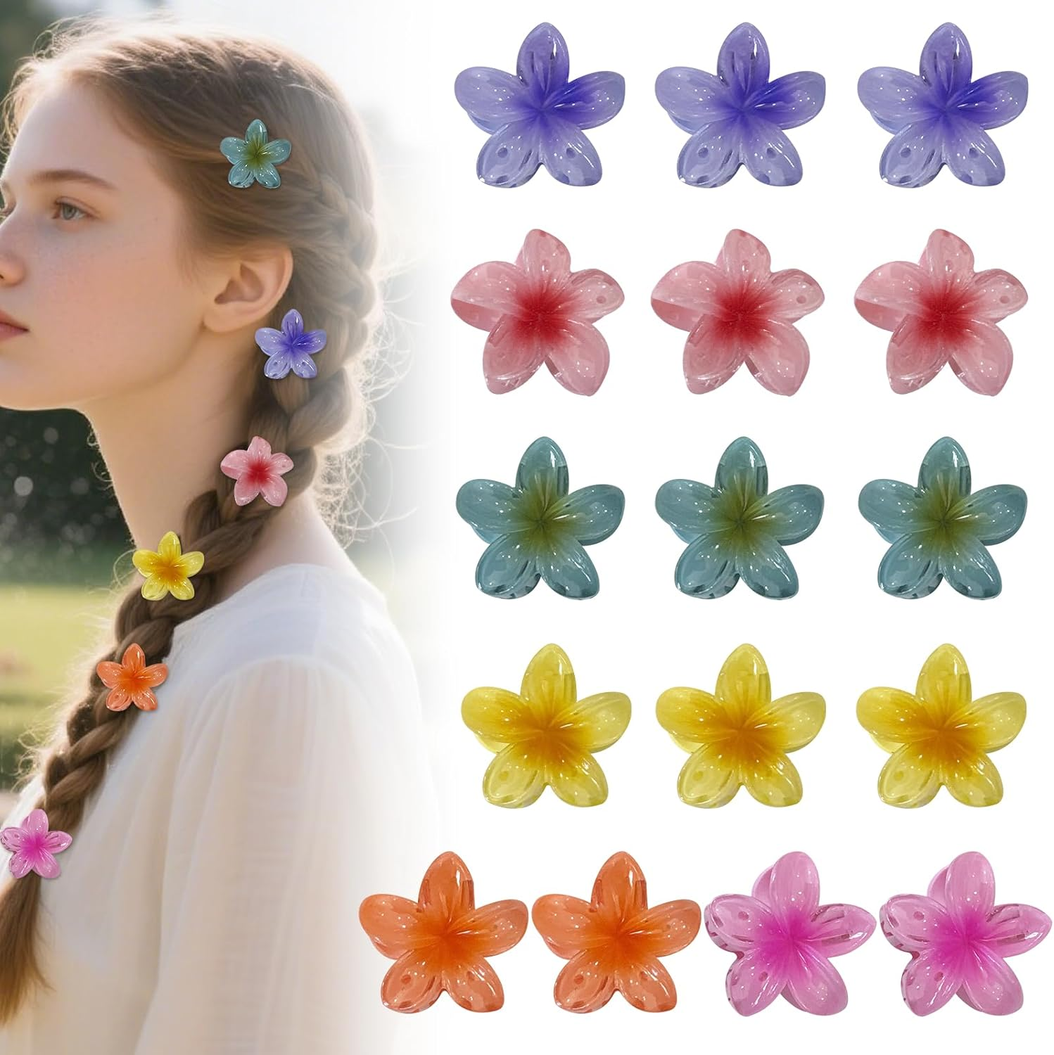 Satiskid Pack of 16 Flower Hair Clips, Small, 4 Cm, Cute Non-Slip Flower Hair Clips, Hawaiian Flower Hair Clip, Hair Styling Accessories for Women, Girls image number 1