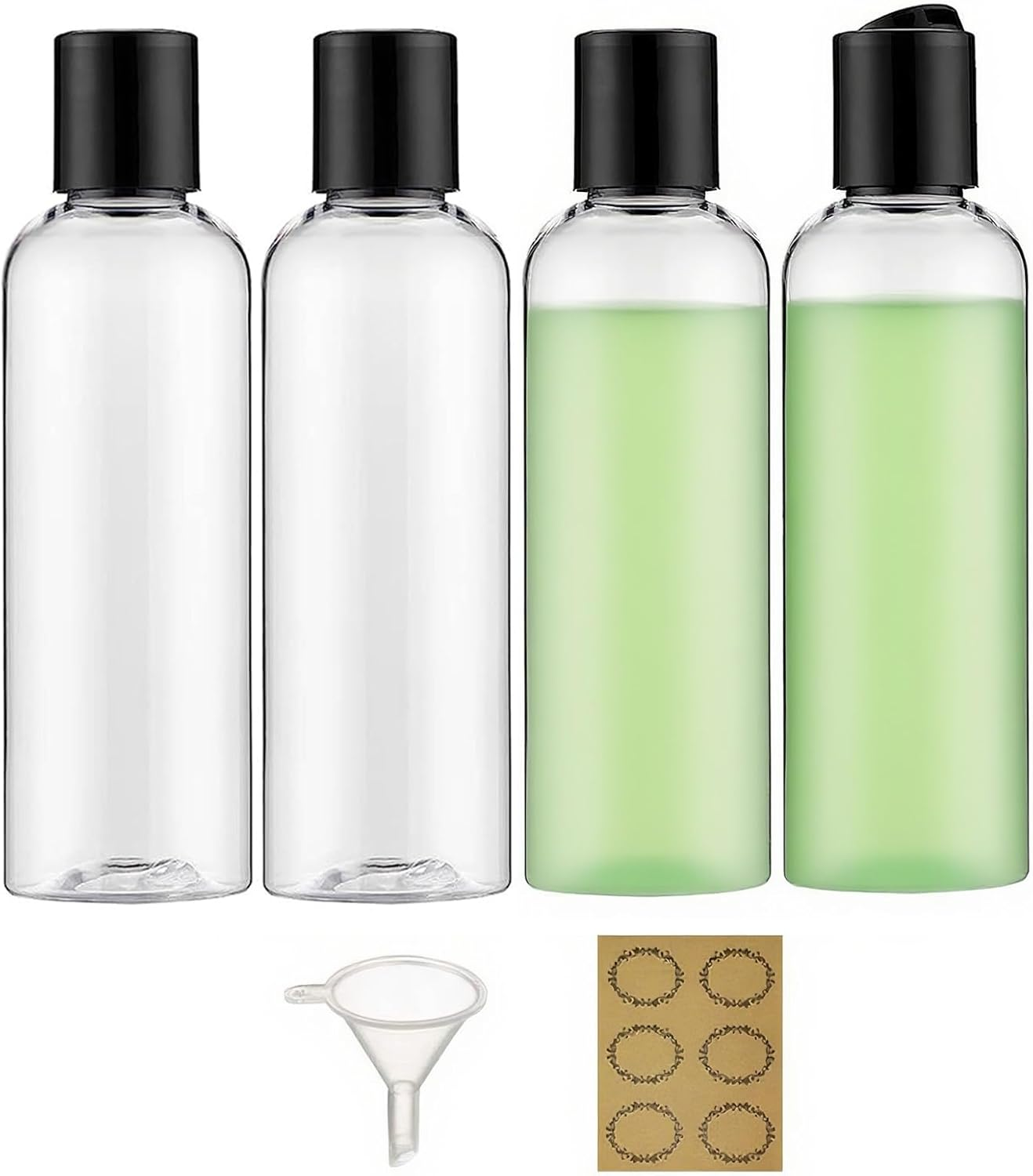 3PCS 200ML Plastic Bottles with Disc Top Flip Cap Empty Squeeze Bottles Clear Refillable Travel Container Dispensing with Funnel & Label for Liquids Lotion Shampoo Toiletries Cosmetic