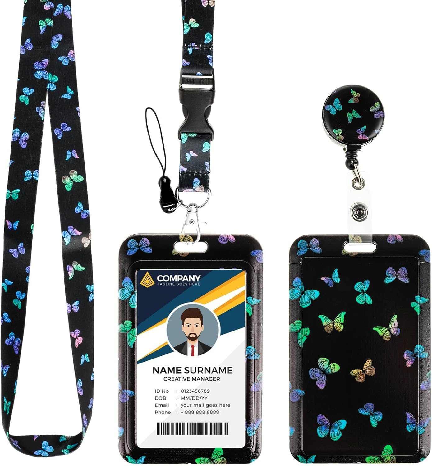 Amabro Butterfly Badge Holder with Lanyard, Retractable Badge Reel Clip Key Lanyard Cute ID Card Holder with Breakaway Lanyard Vertical ID Badge Holder Keychain for Women(Blue)