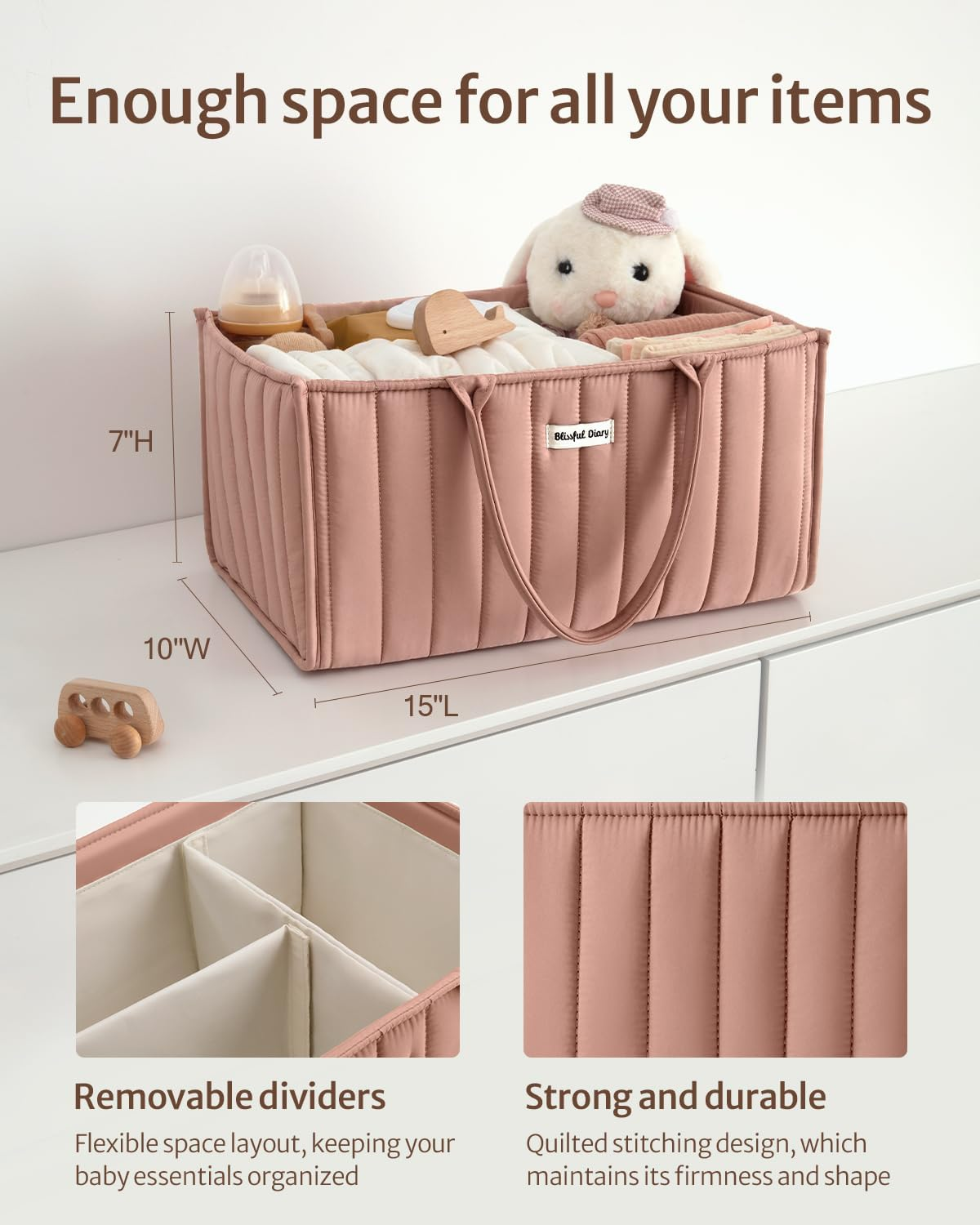Blissful Diary Baby Nappy Caddy Organiser, Stylish Baby Diaper Caddy Storage Basket for Newborn Essentials and Diaper Station, Blush Pink - Sage Green image number 2