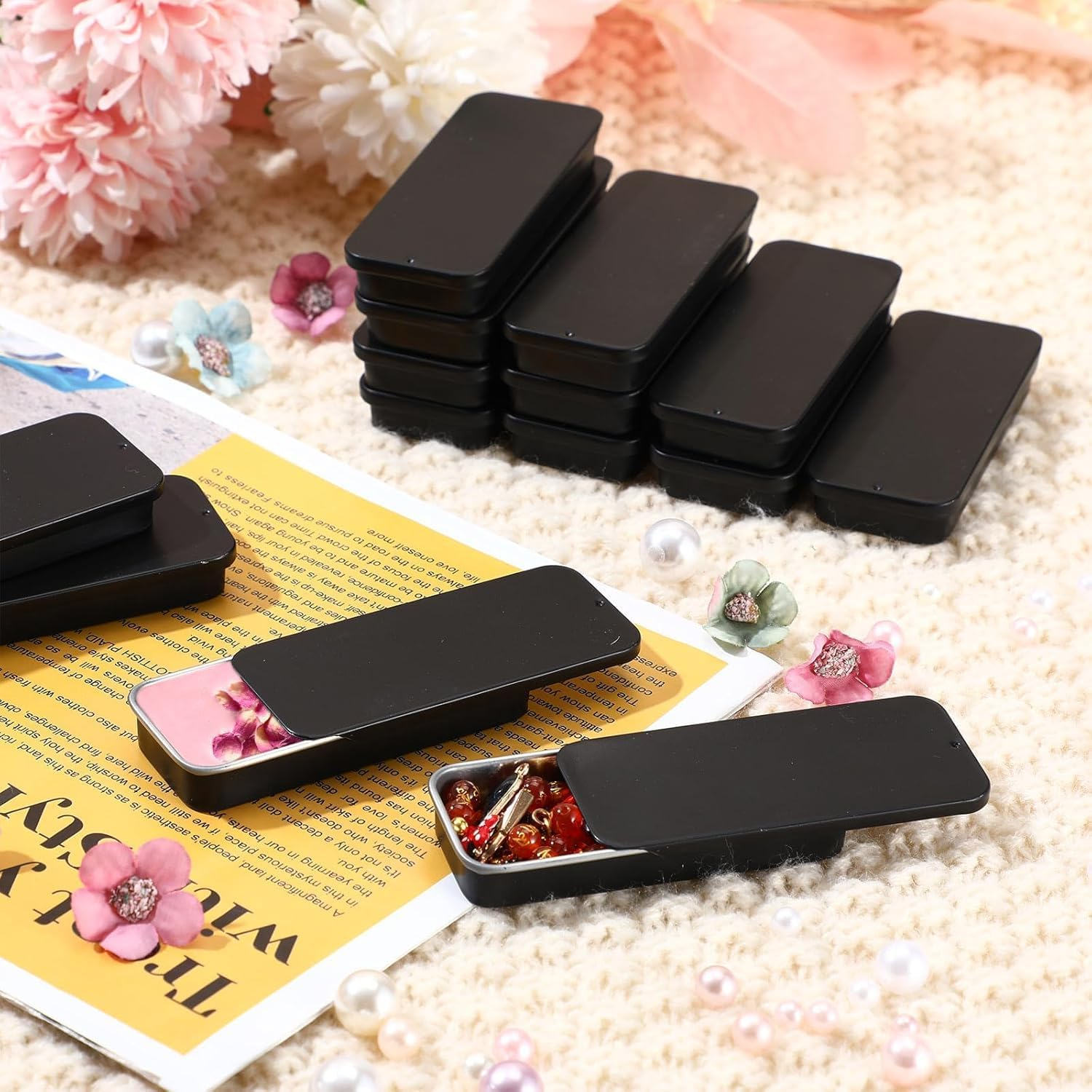 20Pcs Mini Portable Slide Top Small Tin Containers,2.36" X 1.34" X 0.39"Metal Tins Box Empty Storage Organizer Tins with Lids for Lip Balm Candies Candles (&lrm;Black) image number 3
