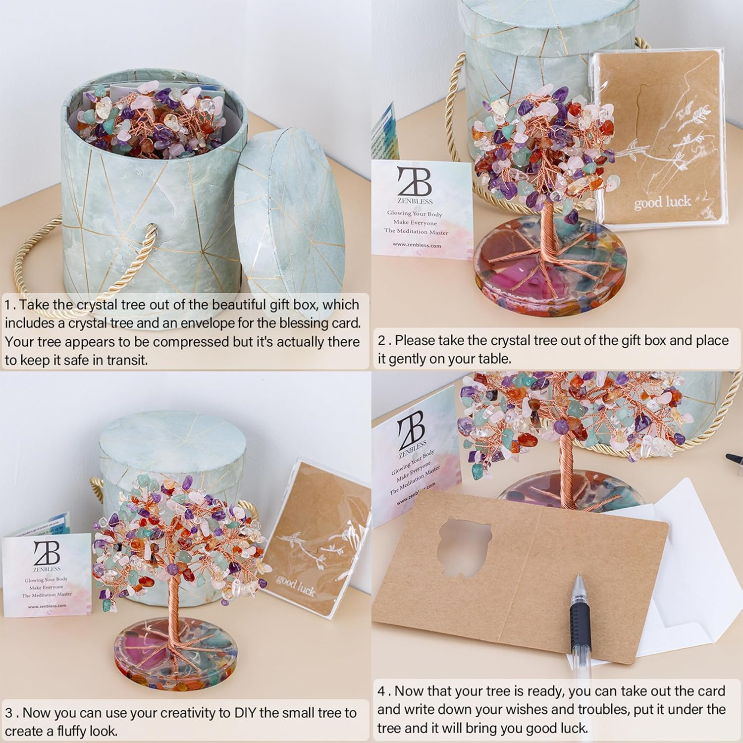 Zenbless 7 Chakra Healing Crystals Stones Tree, Colorful Crystal Stone Leaf Wire Wrapped on Natural Agate Slice Base, Home Office Desk Living Room Feng Shui Decoration for Wealth and Luck - Colorful image number 5