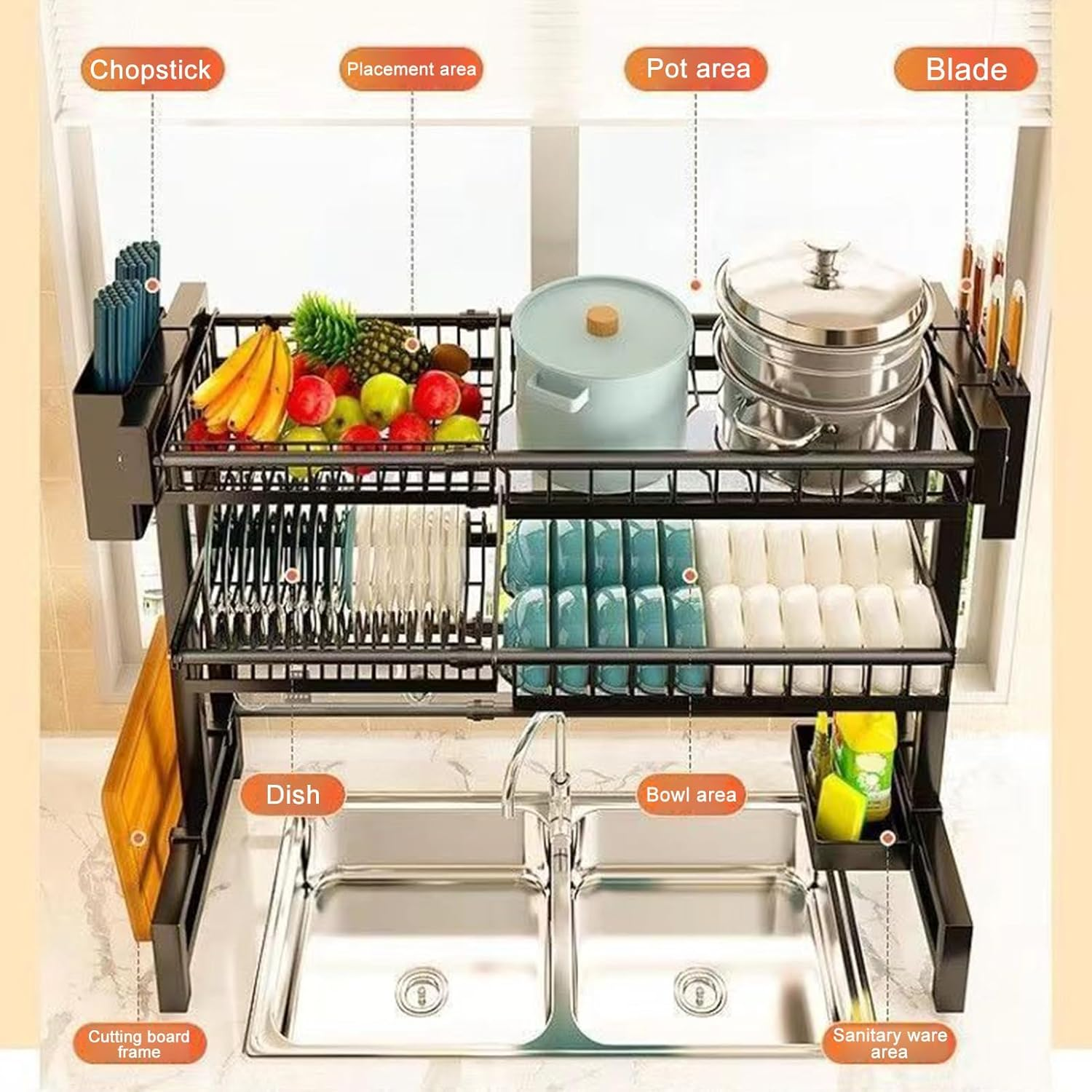 Over the Sink Dish Drying Rack, Telescopic, 2 Tier High Capacity Dish Rack, Kitchen Countertop Storage Rack, Plate Bowl Basin Double Storage Supplies