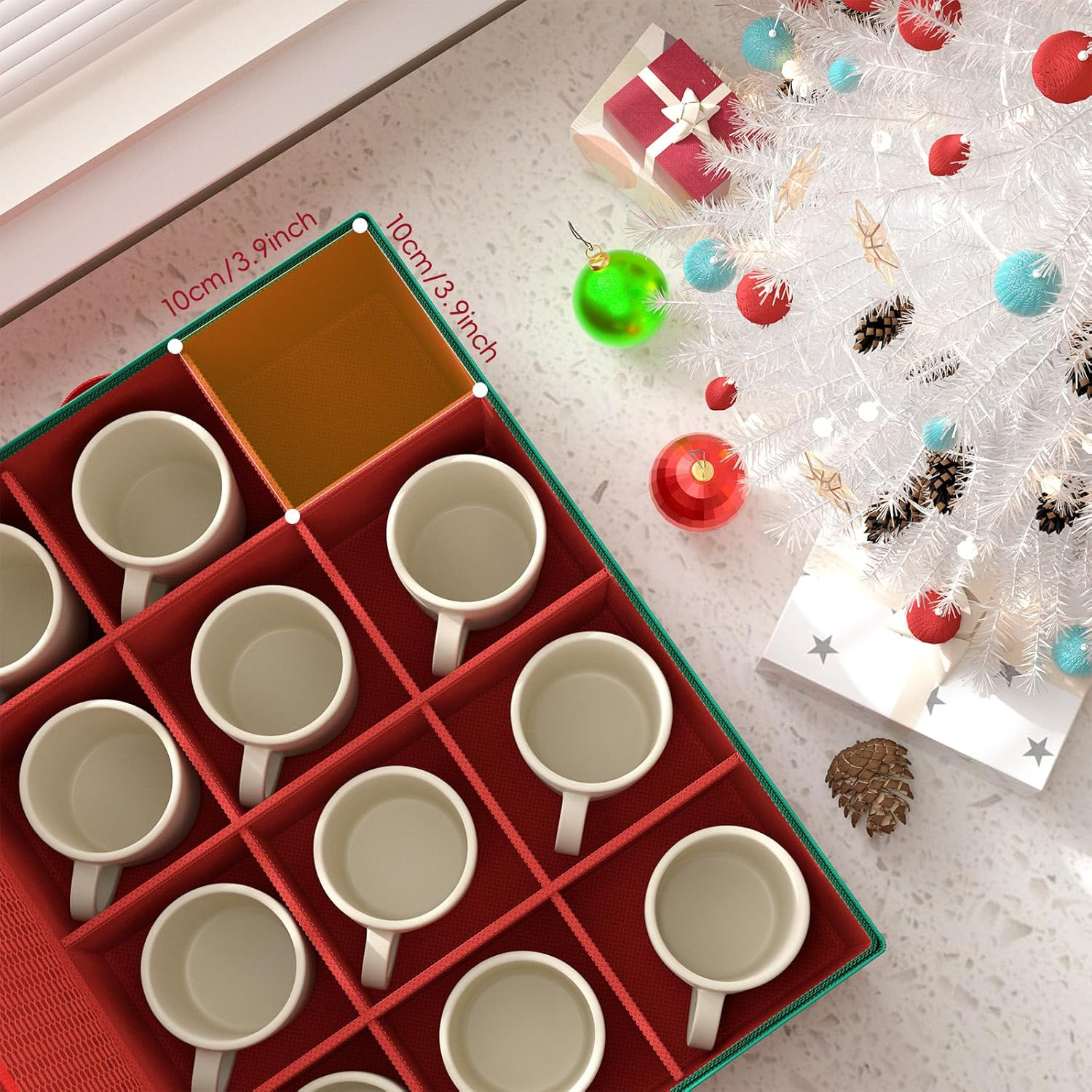 VERONLY Christmas Mug Storage Box Organiser - Stackable Hard Case Box with Dividers, Mesh Bag, Lid, Handles, for 12 Cups in Cupboard, Christmas Decoration (Red) image number 3